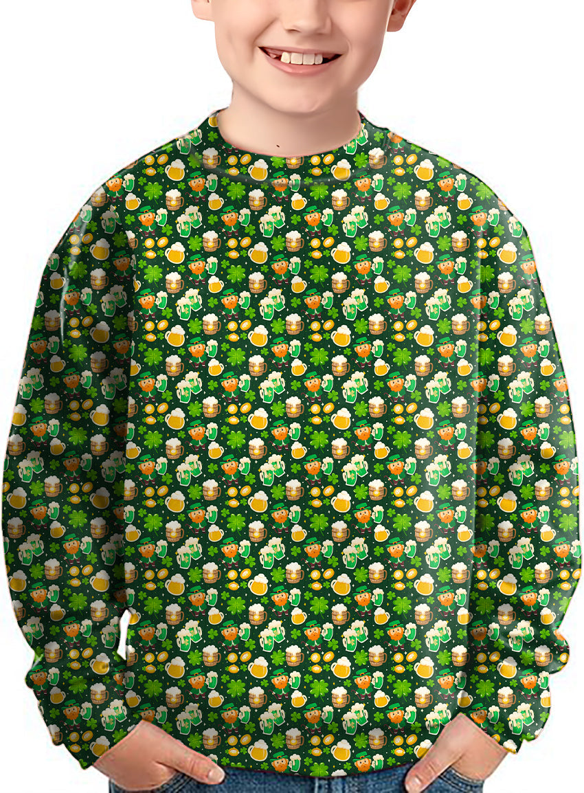 Kids St. Patrick's Day crewneck pullover with green beer and clover leaf pattern