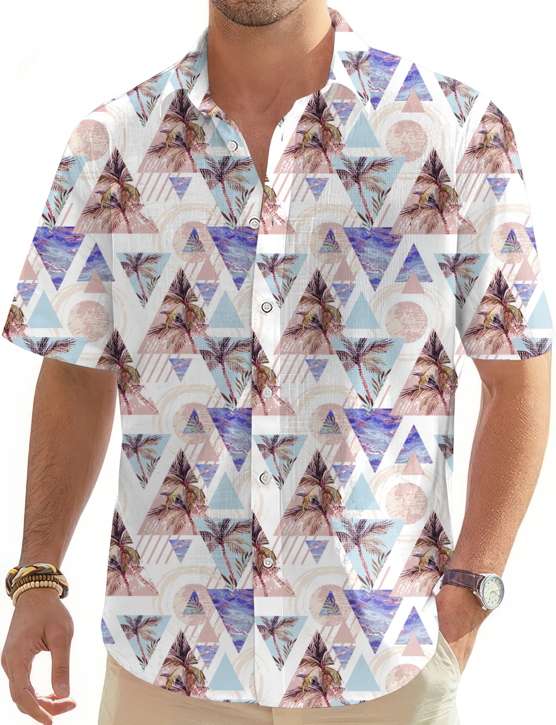 Men's Cali Palm Tree Hawaiian button-down golf shirt with geometric pattern and short sleeves