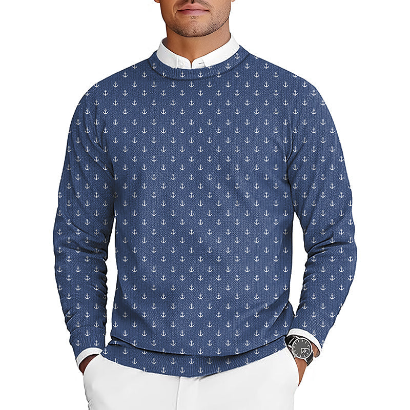 Navy Anchor Men's golf crewneck pullover sweater with anchor pattern