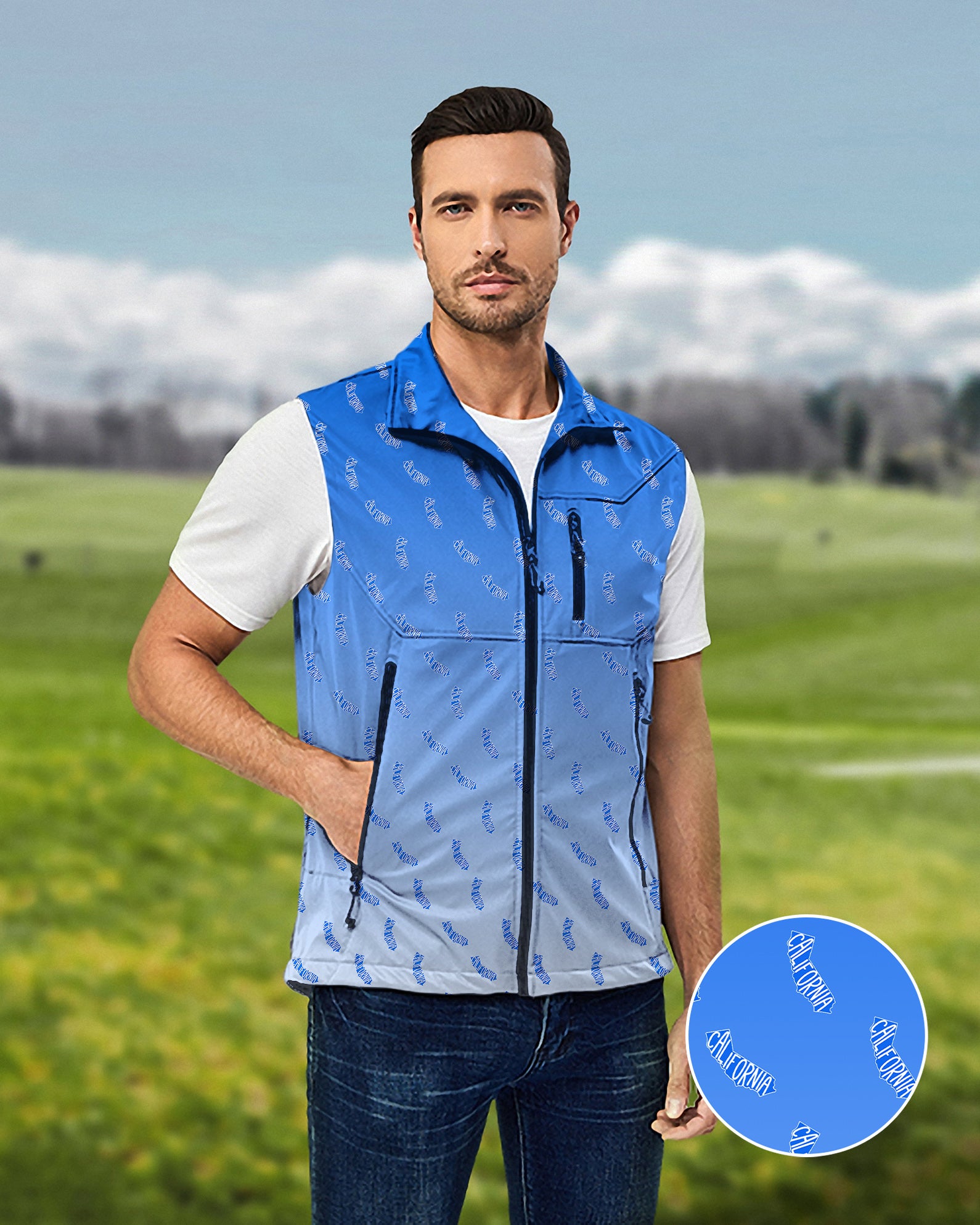 Men's Blue California Lightweight Softshell Vest Sleeveless Jacket for Golf Windproof Waterproof