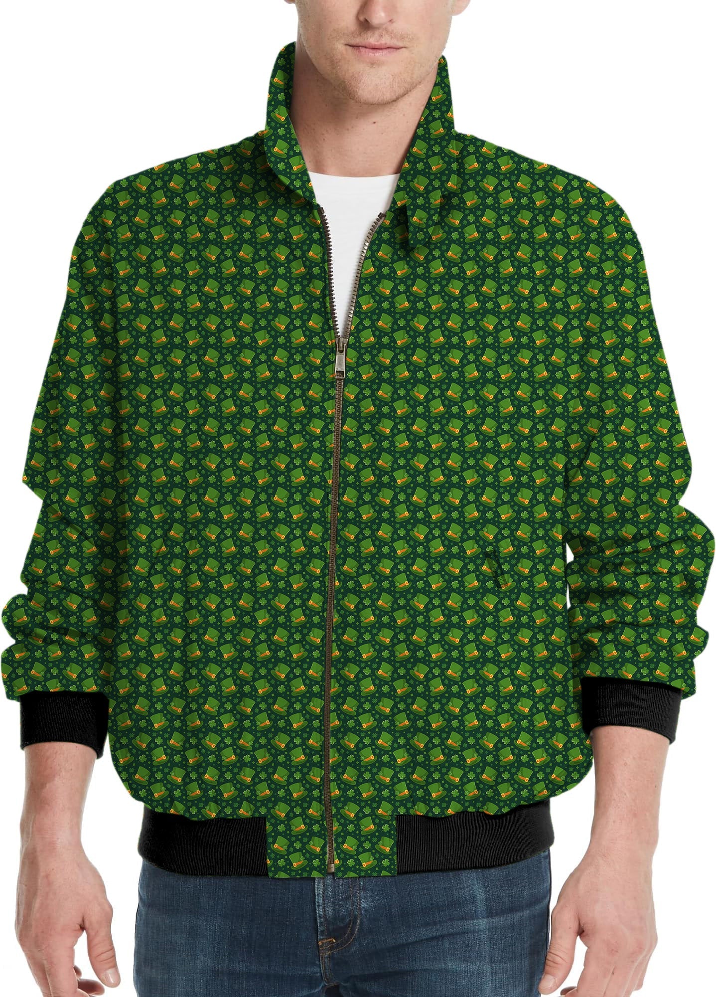 Men's golf windbreaker jacket with leprechaun hat and clover leaf pattern for St. Patrick's Day
