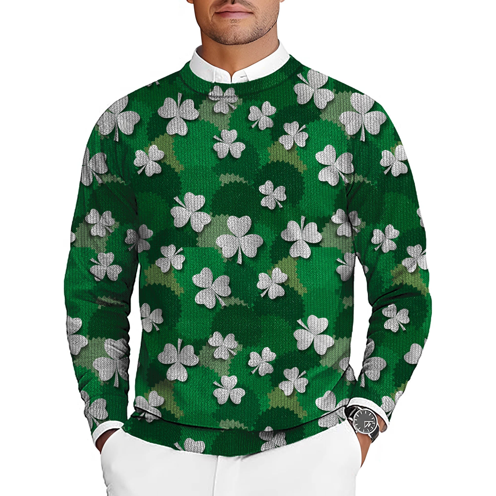 Men's St. Patrick's Day green crewneck pullover sweater with white leaf clover pattern for golf teams