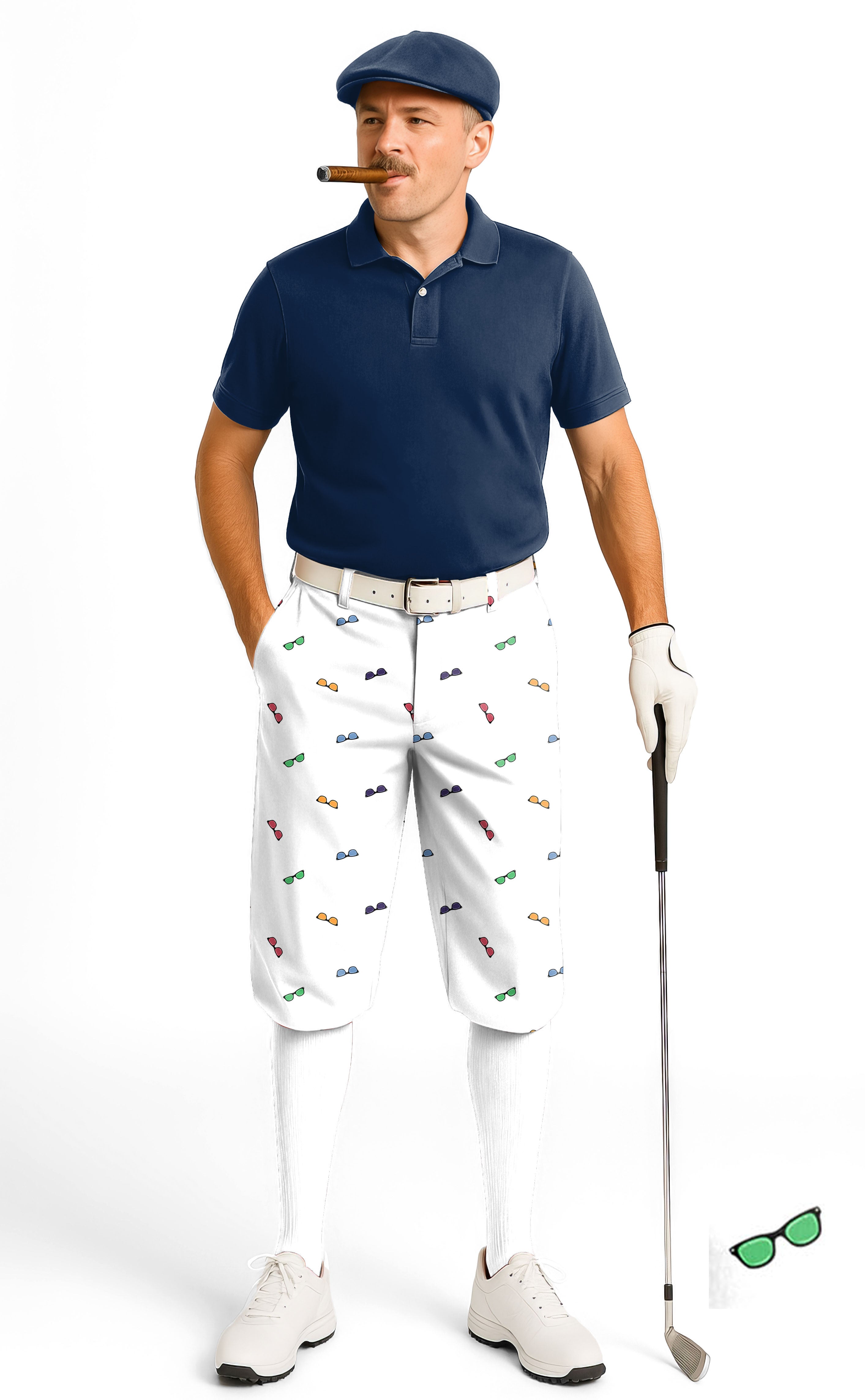 Men's golf outfit featuring colorful sunglass custom print knickers with snug ankle cuffs and breathable fabric