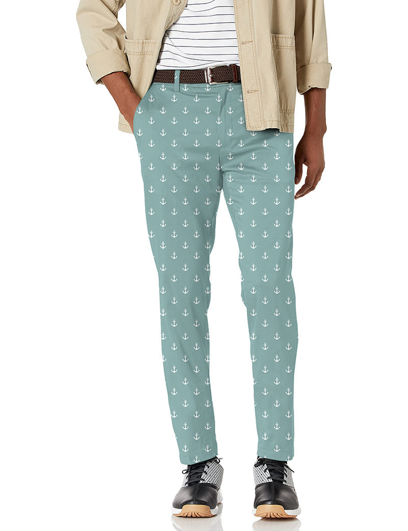 Men's green blue anchor stretch golf pants with moisture-wicking, wrinkle-resistant fabric and active waistband