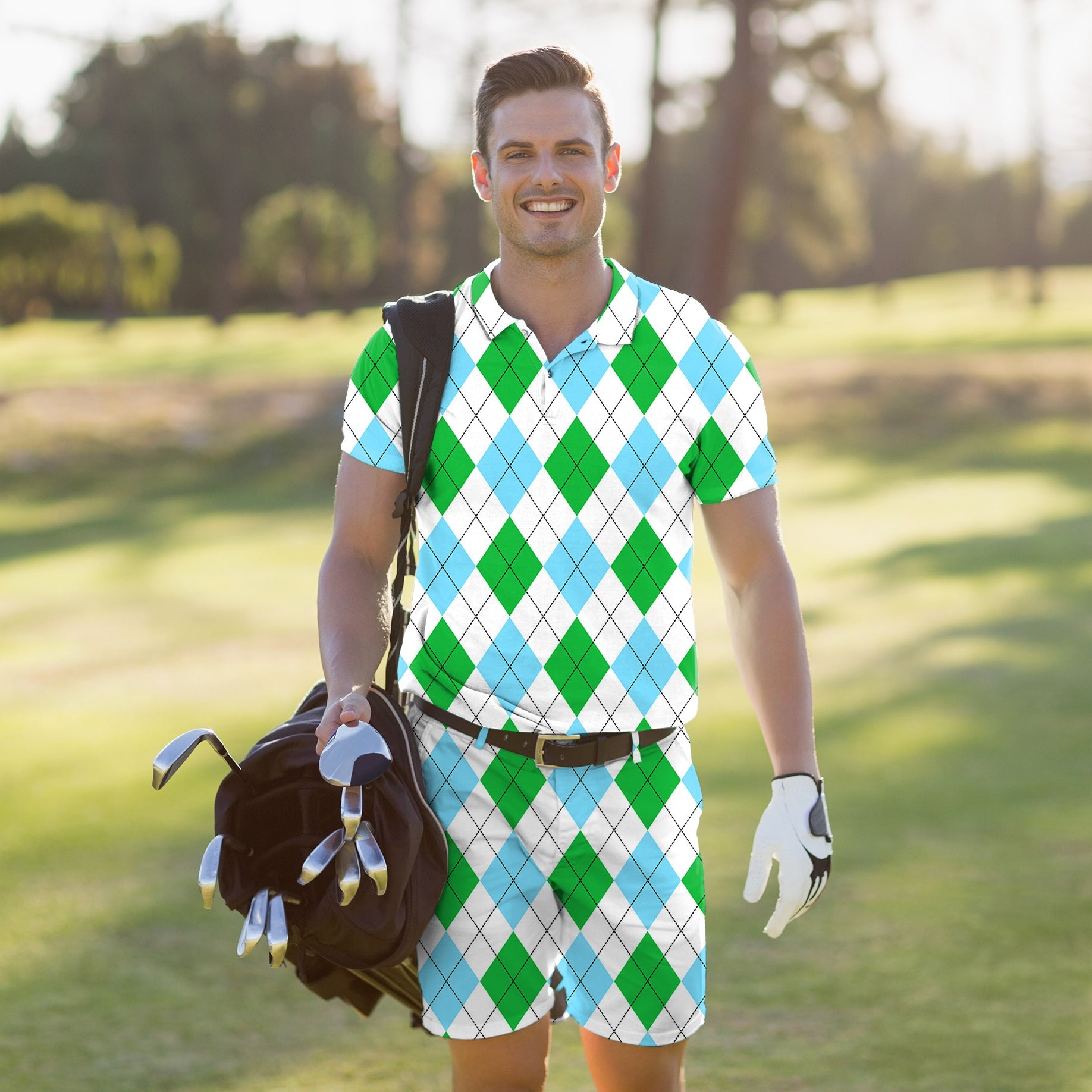 Men's Golf Set green diamond grid polo and shorts with four-way stretch and moisture-wicking fabric