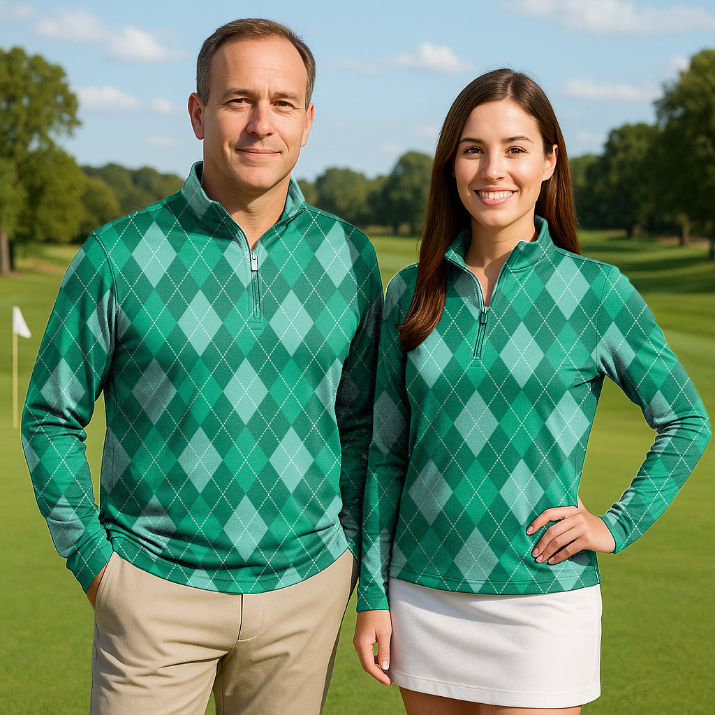 Green argyle couple wearing matching 3/4 zip golf tops with long sleeves on golf course
