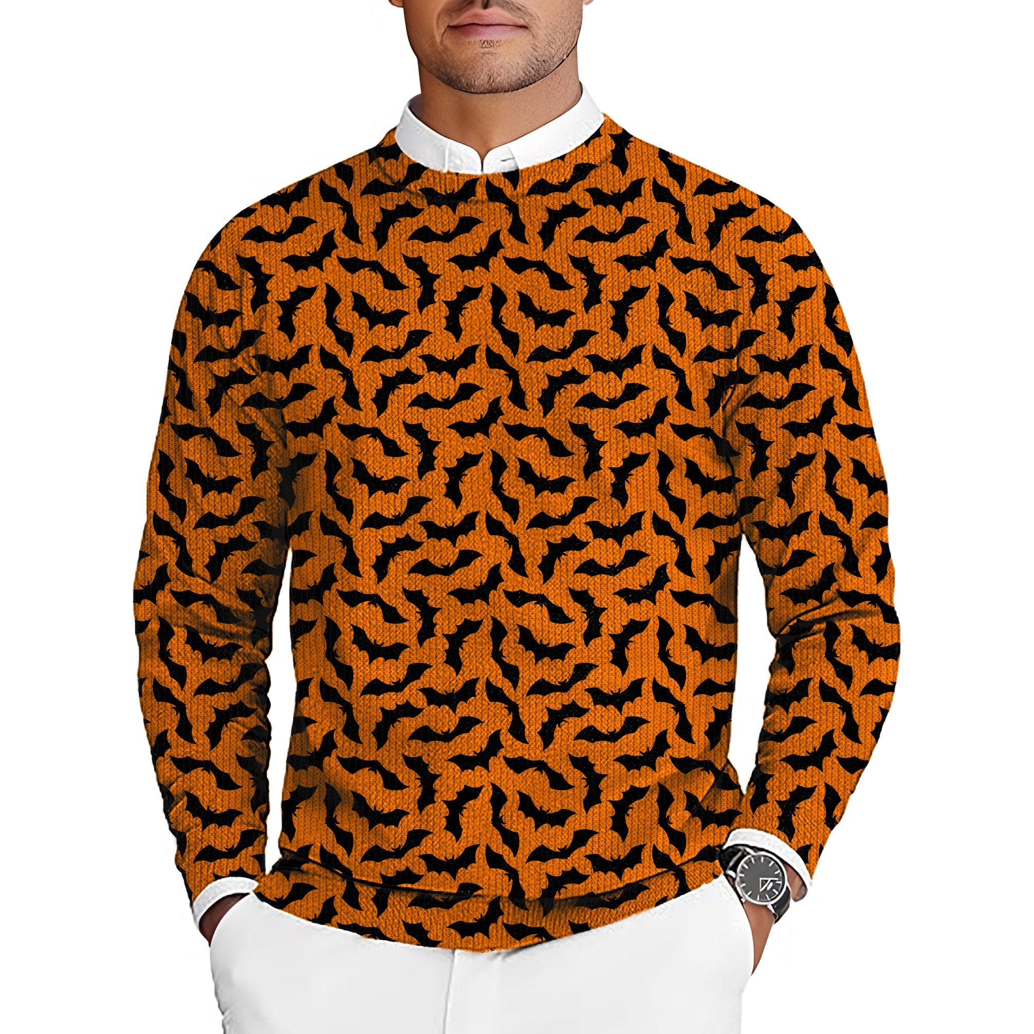 Men's Halloween Bat Custom golf crewneck pullover sweater with orange bat pattern