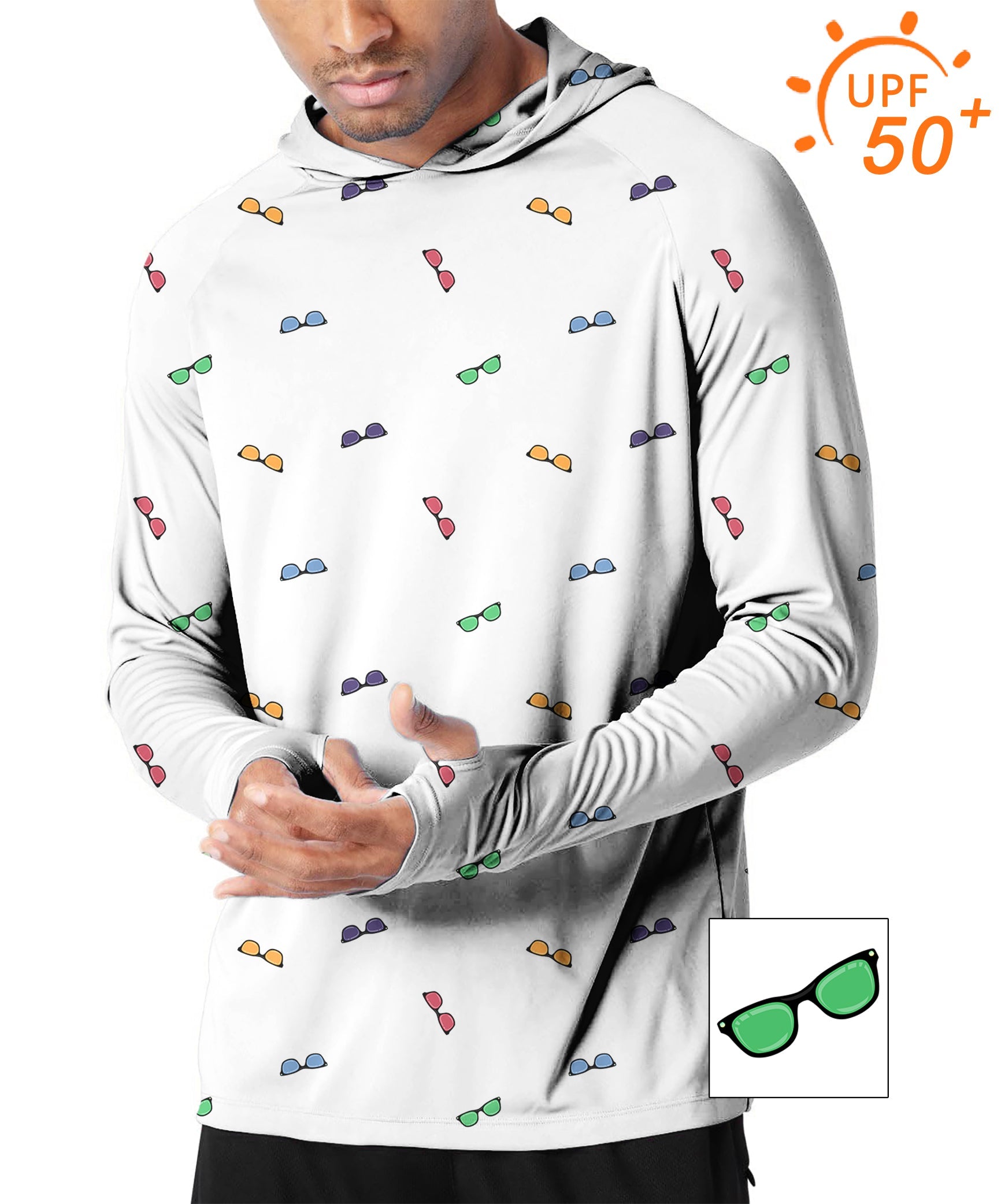 Men's outdoor slim fit hoodie with colorful sunglass print and UPF 50+ sun protection