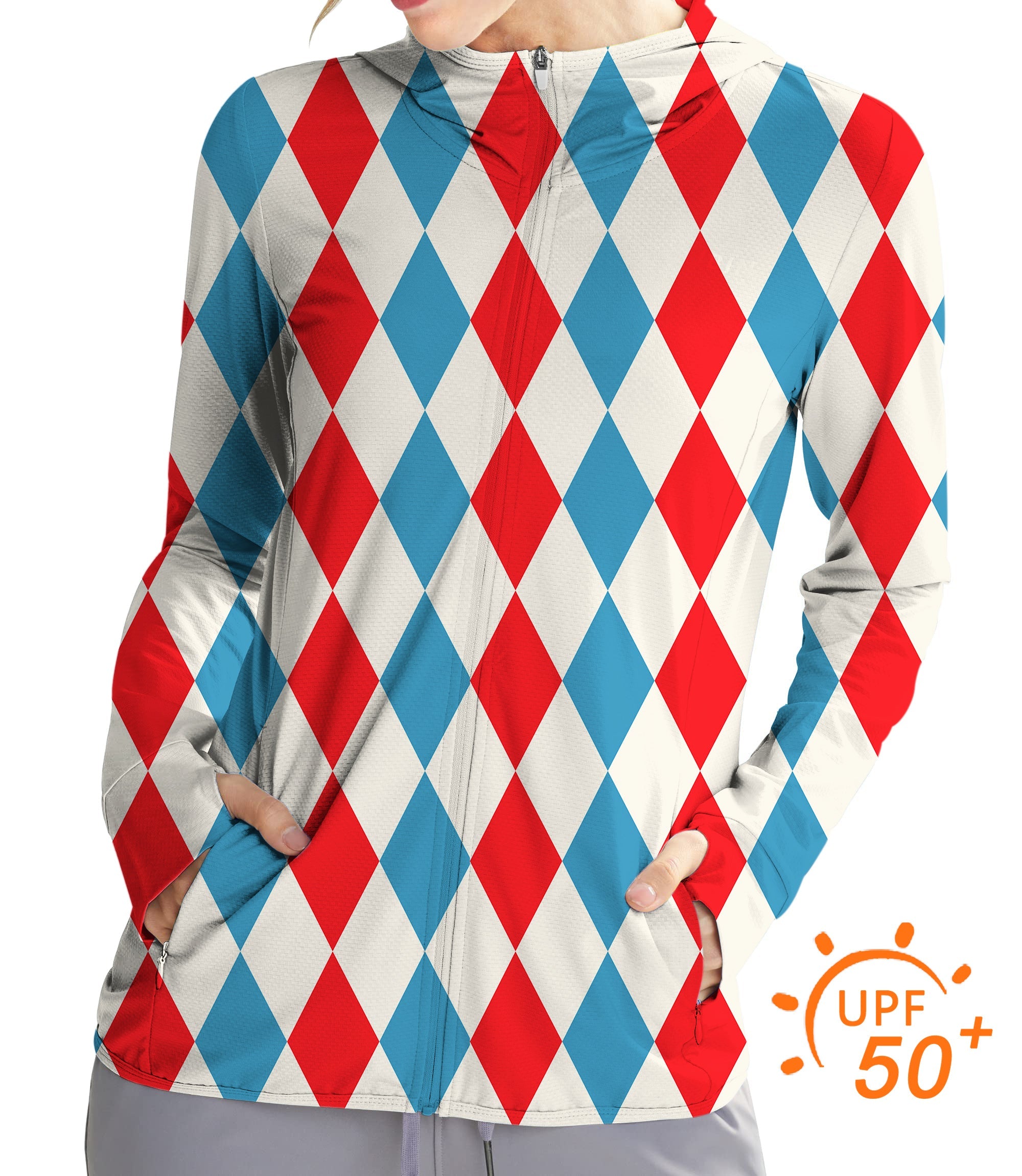 Women's outdoor geometric argyle zip hoodie with UPF 50+ sun protection for golf and active wear