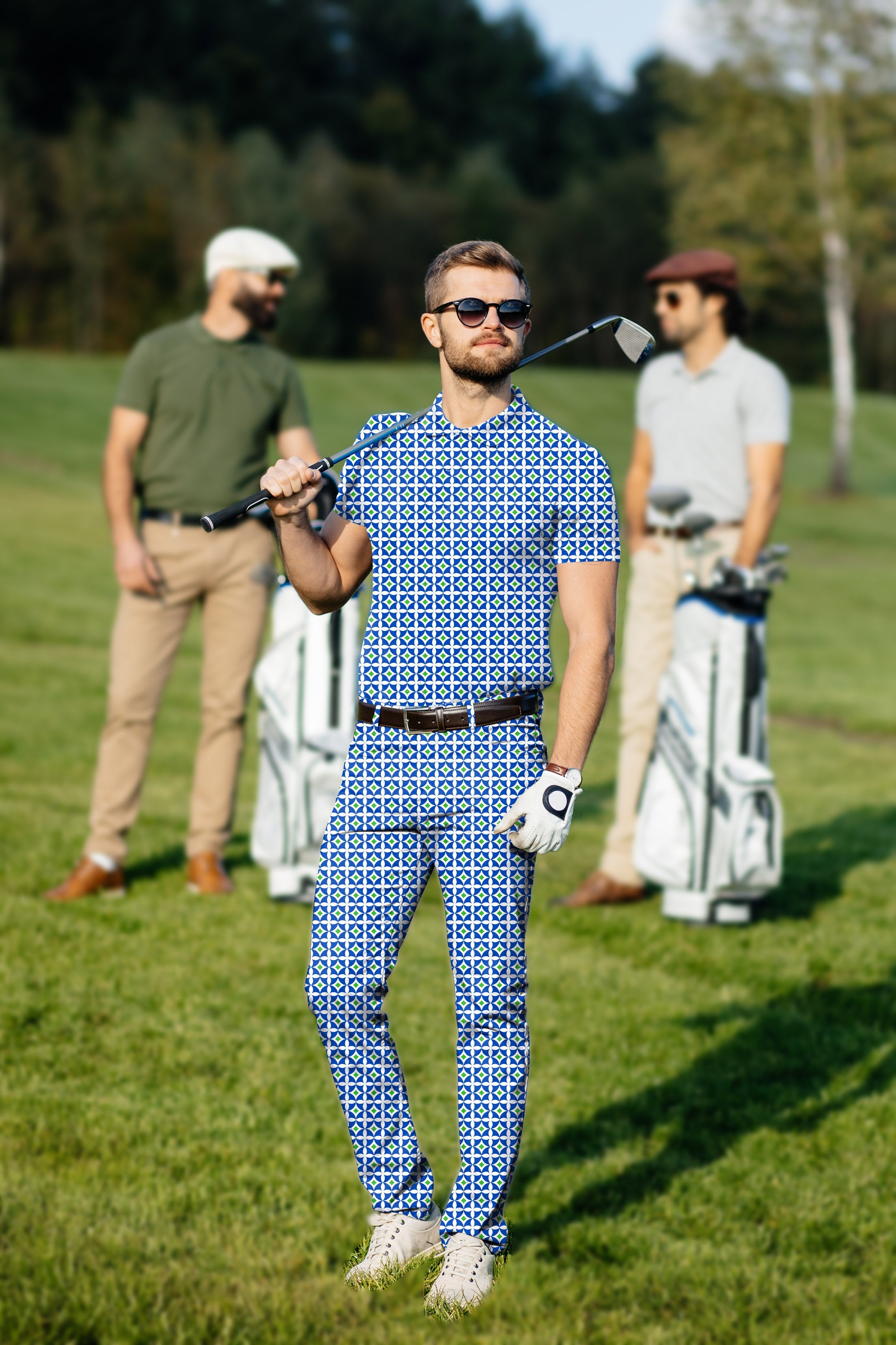 Men's golf set polo and pants in blue-green diamond pattern with classic fit and four-way stretch for comfort on the course