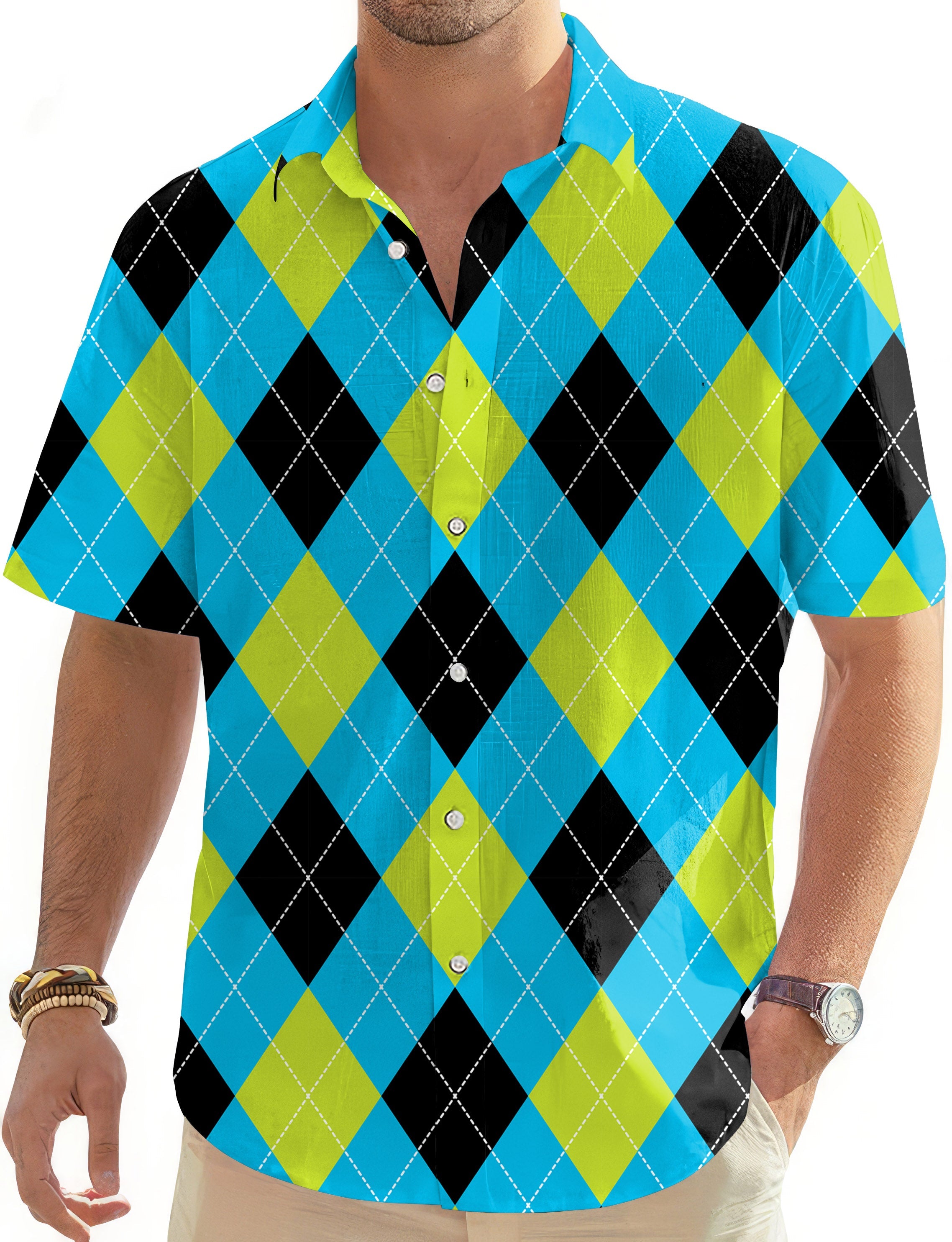 Halloween black green blue white argyle men's short sleeve button down golf Hawaiian shirt