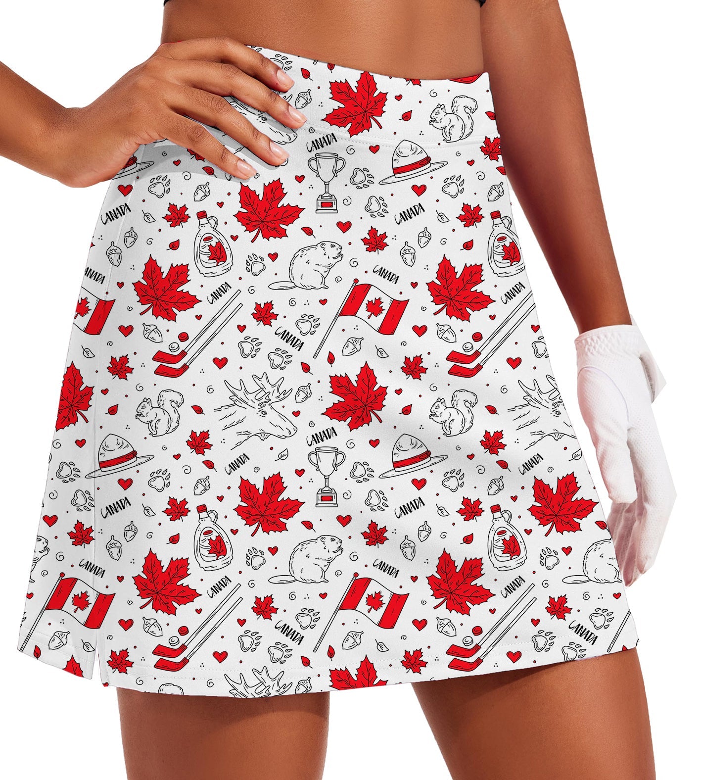 Women's Canadian Balloon golf skirt with squirrel and maple leaf print and inner shorts pocket