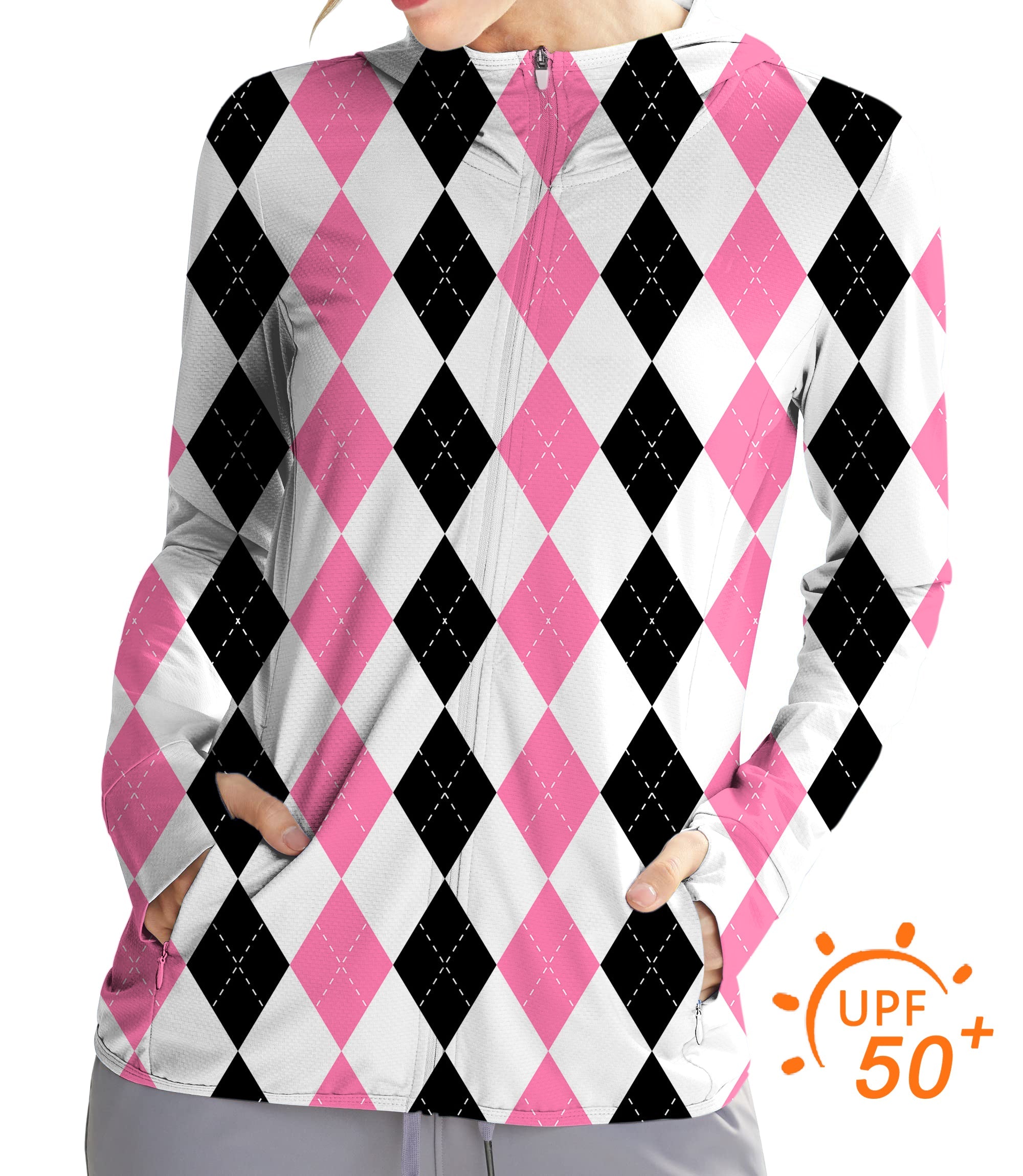 Women's outdoor slim fit zip hoodie with pink and black argyle pattern, UPF 50+ sun protection, moisture-wicking breathable fabric, and thumb holes for added coverage.
