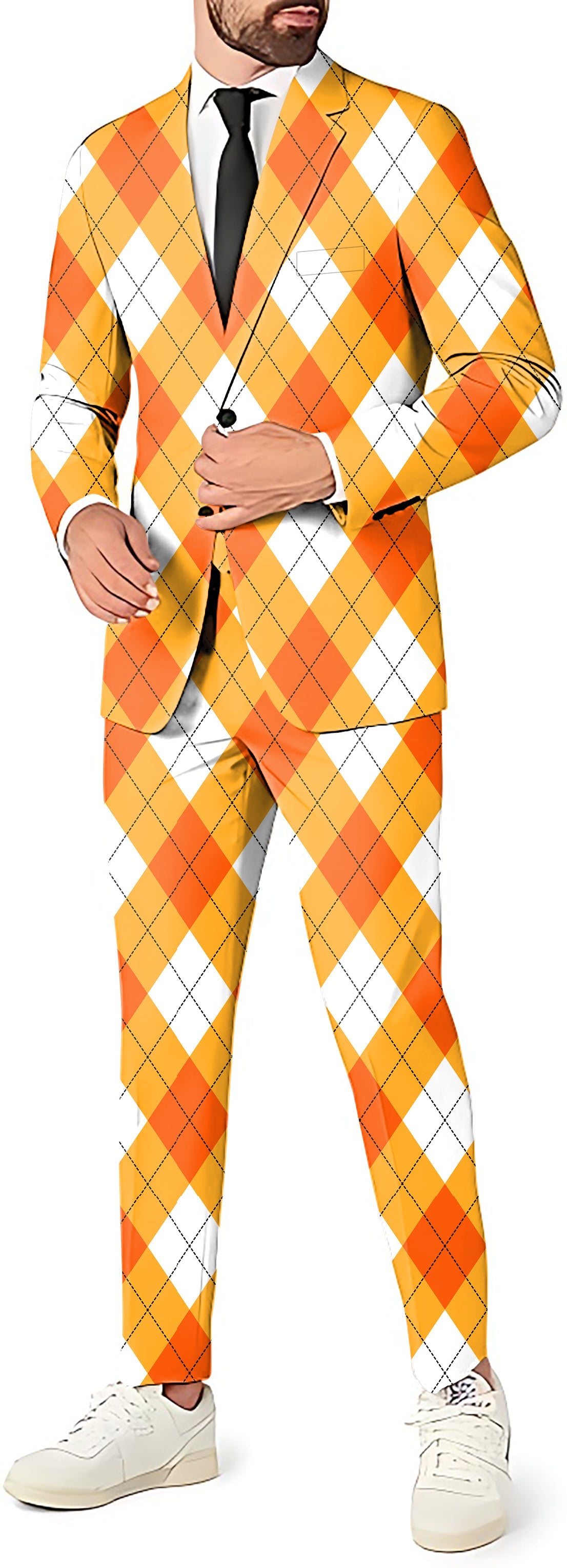 Men's Halloween Cross Orange White Argyle suit with blazer, pants, and vest for party costume