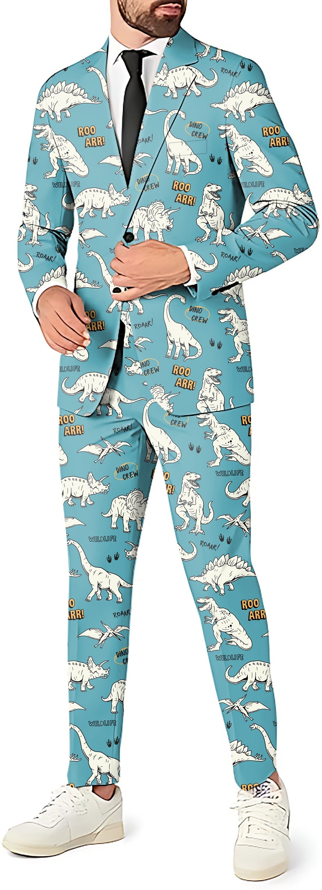 Dinosaurs rawr men's party costume suit with blazer, pants, and vest in dinosaur print