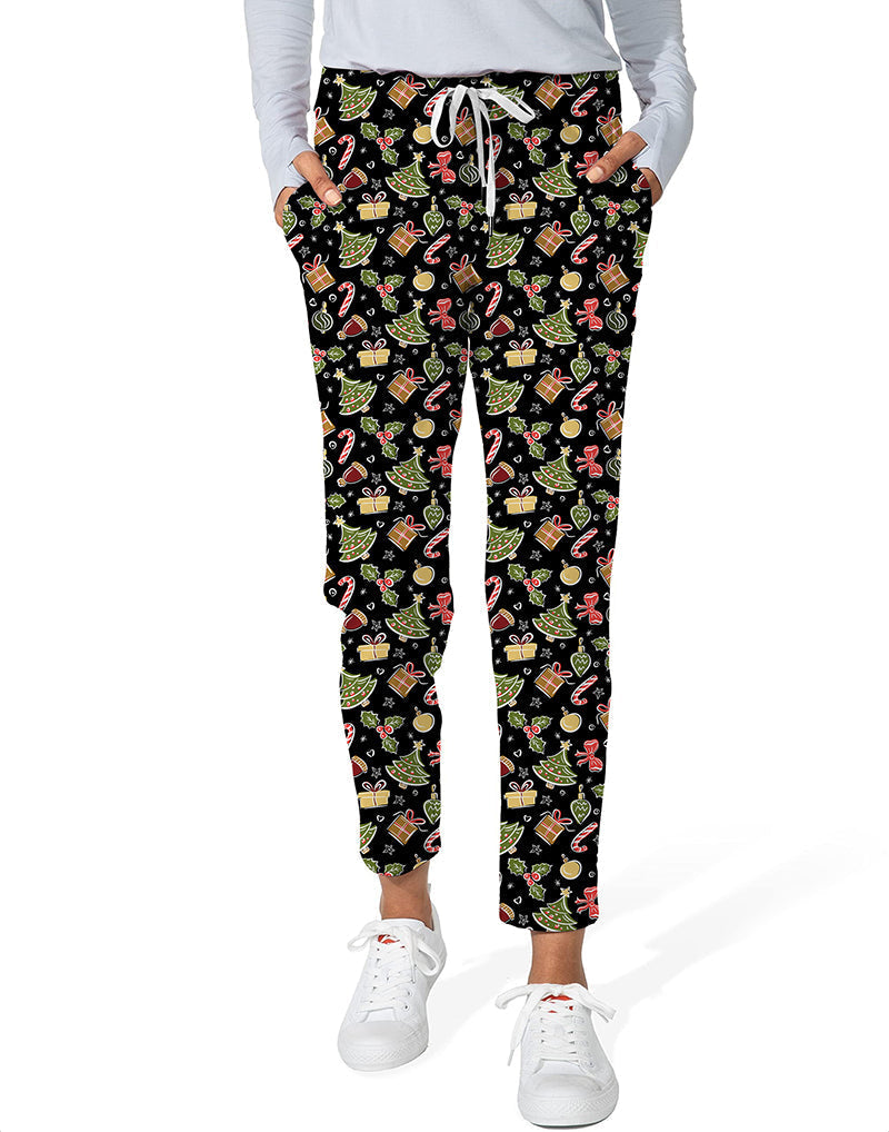 Women's 7/8 stretch ankle golf pants with festive Christmas print, nylon and spandex fabric, elastic waistband, adjustable drawstring, and deep side pockets.