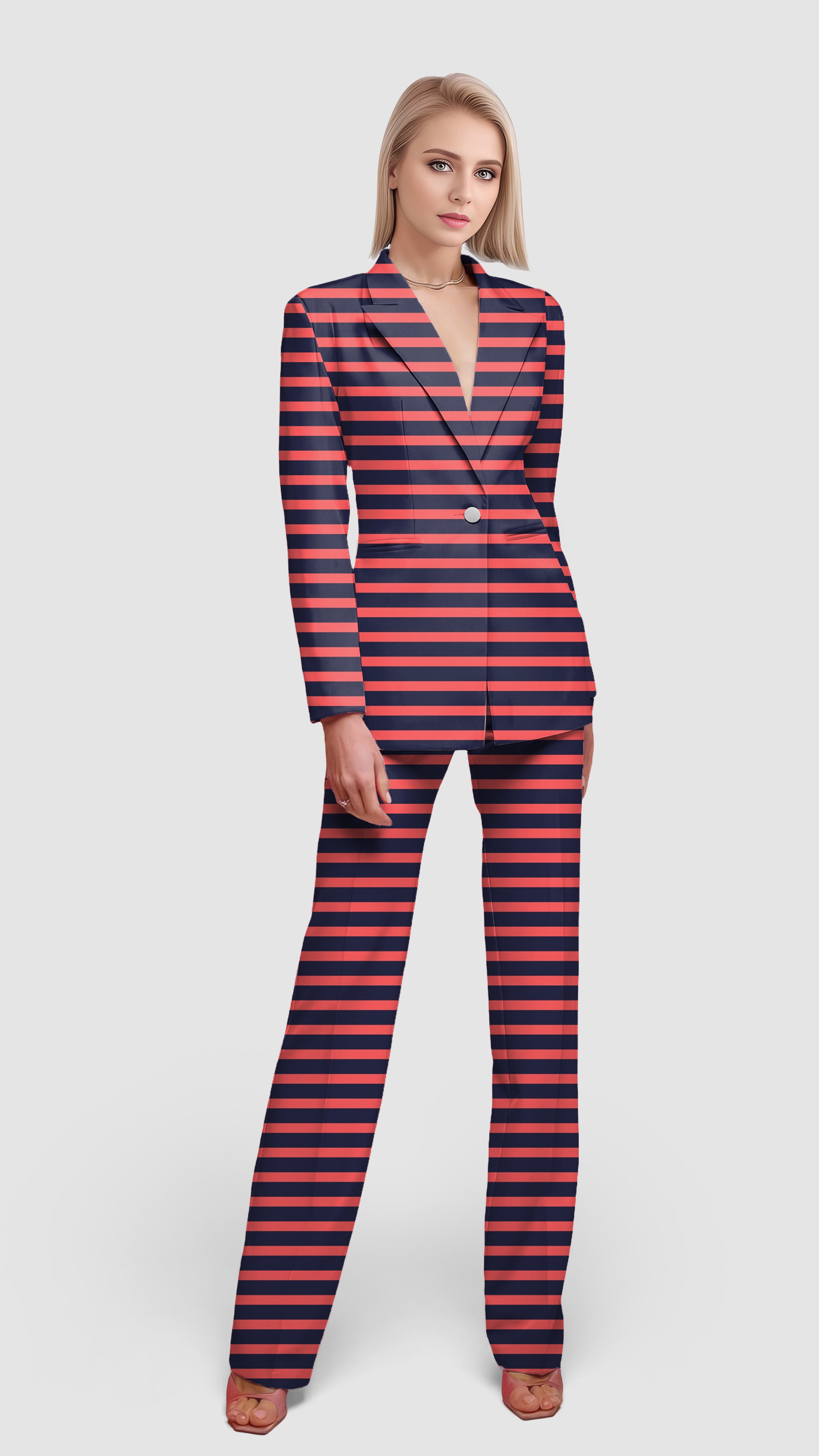 Navy Red Stripes-Women's Blazer Casual Work Office Blazer Suit set