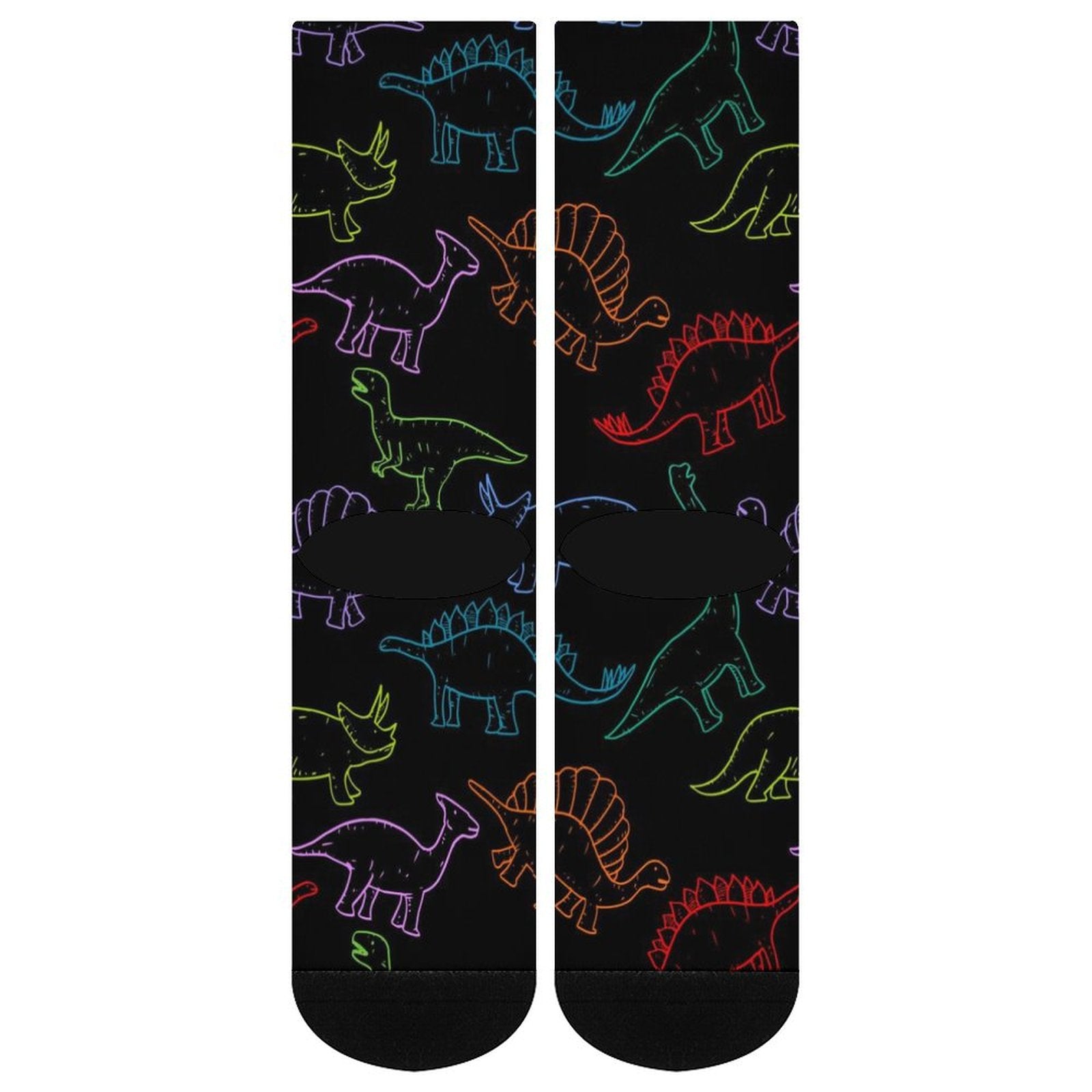 Black crew socks with colorful electric dinosaur prints, soft polyester blend, cushioned sole, trendy gift for men and women