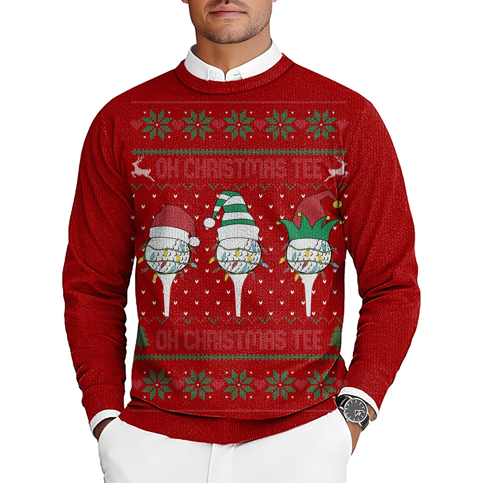 Red Christmas custom face men's golf crewneck pullover ugly sweater with holiday design