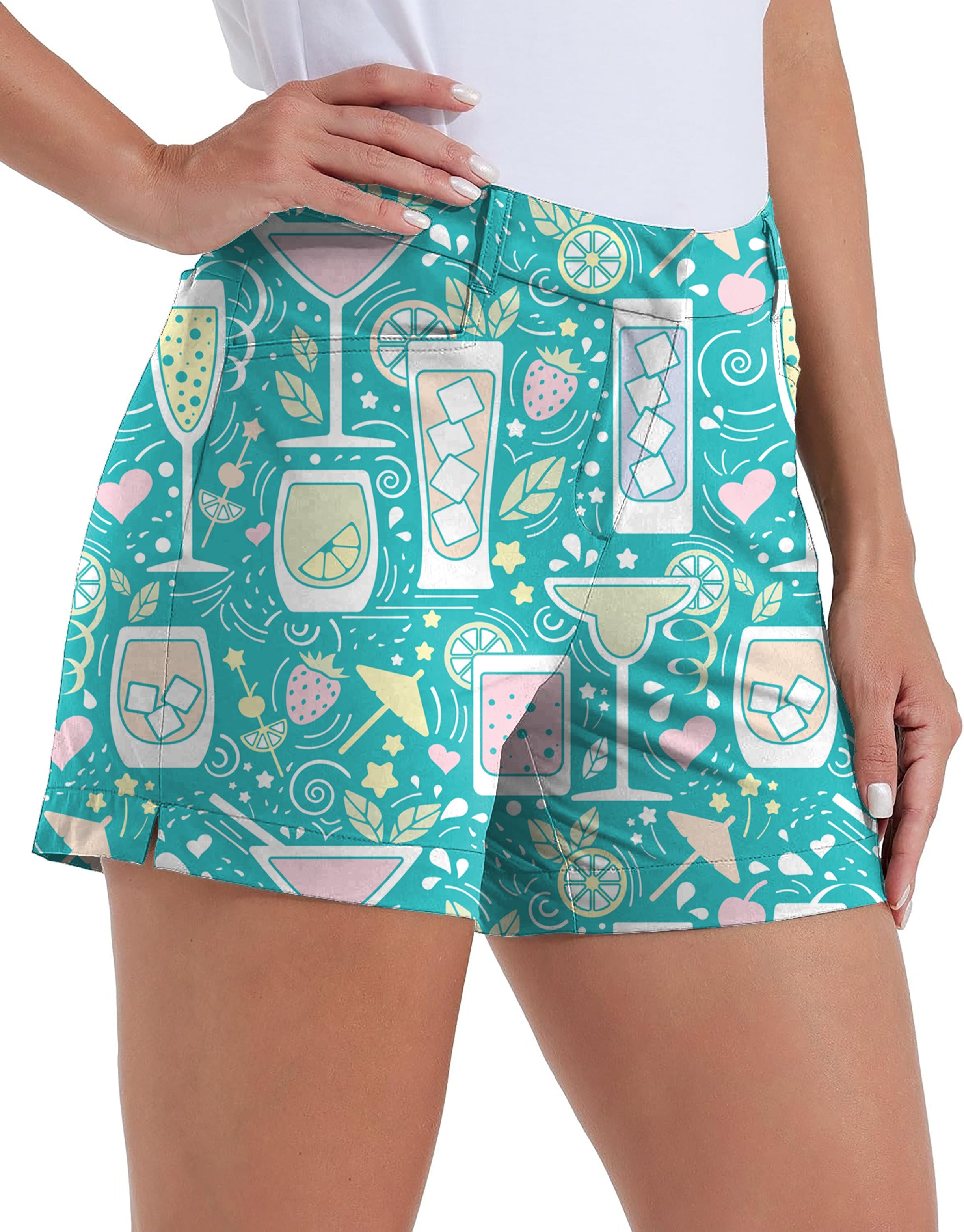Women's quick-drying Cocktails-Hello-Summer golf shorts with pockets and colorful cocktail print