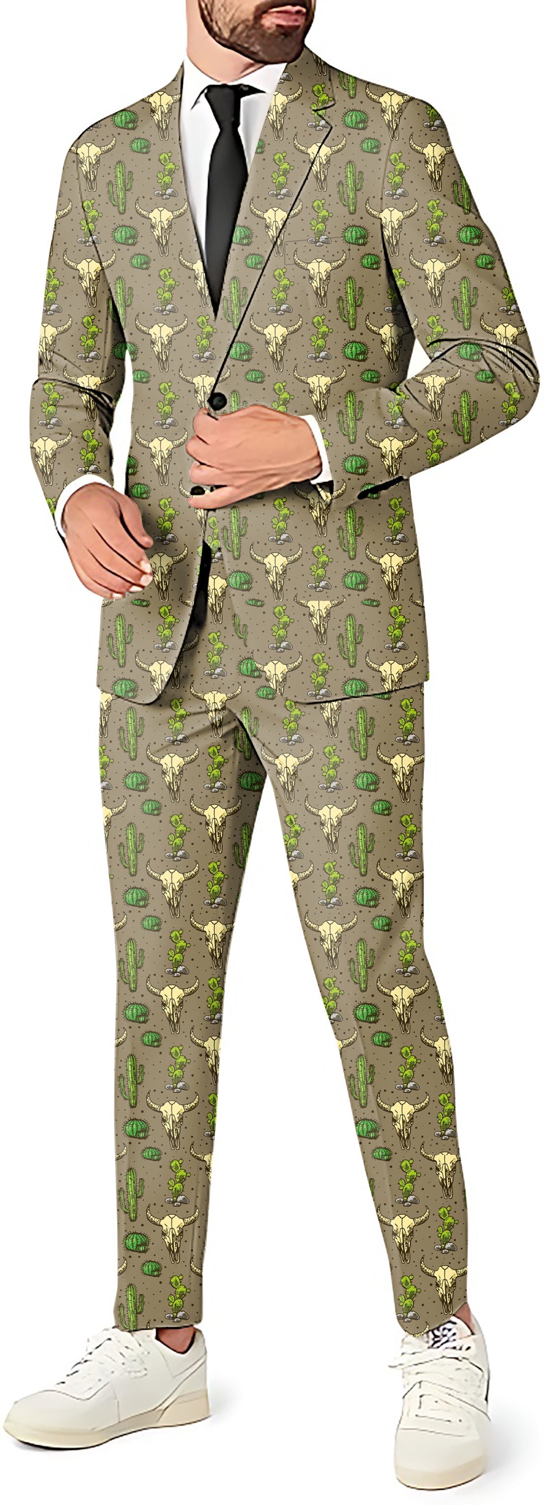 Men's party costume suit set with blazer, pants, and vest featuring desert-themed cactus print design