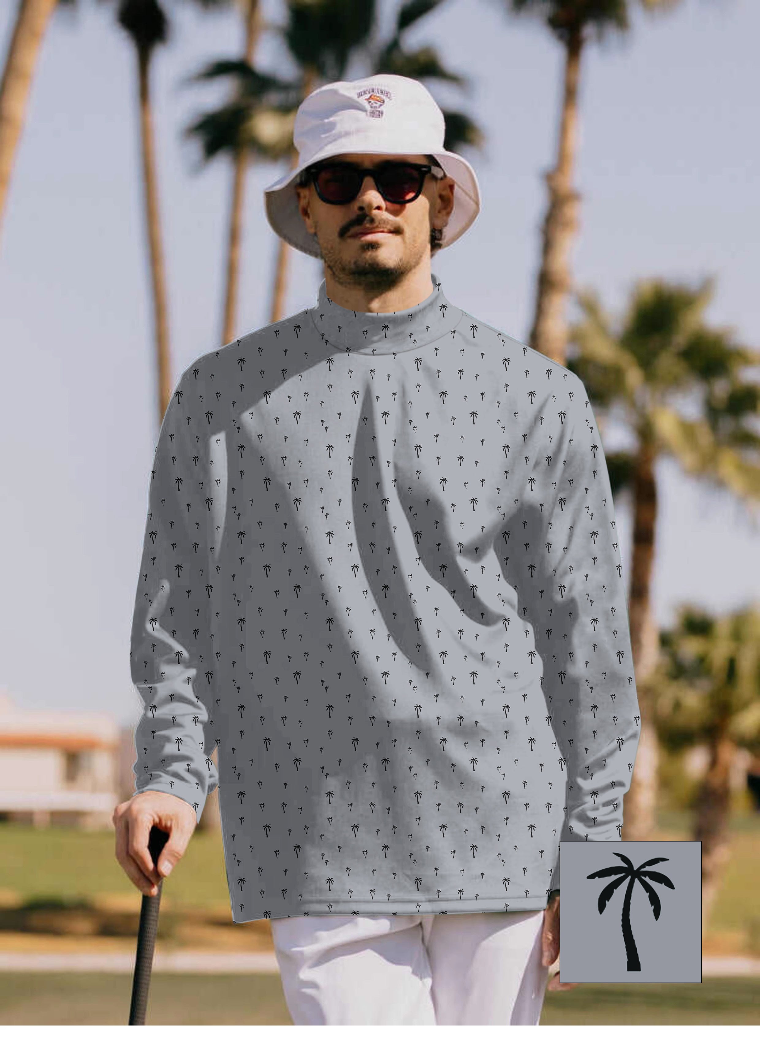 Men's Coconut Palm high neck pullover T-shirt with long sleeves and custom palm tree pattern