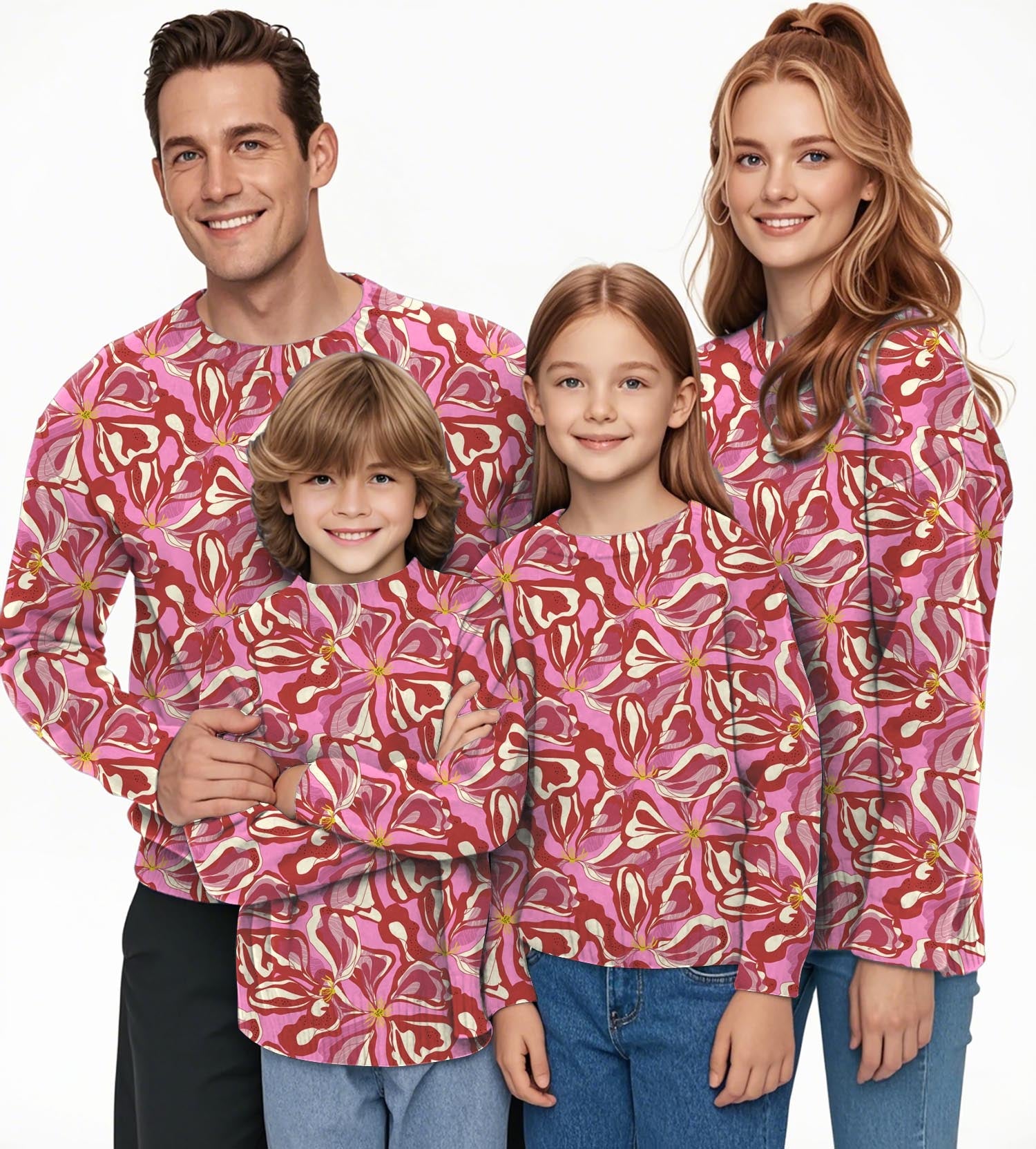 Family wearing matching Sunset Blossom Crewneck pullover ugly sweaters with pink floral design