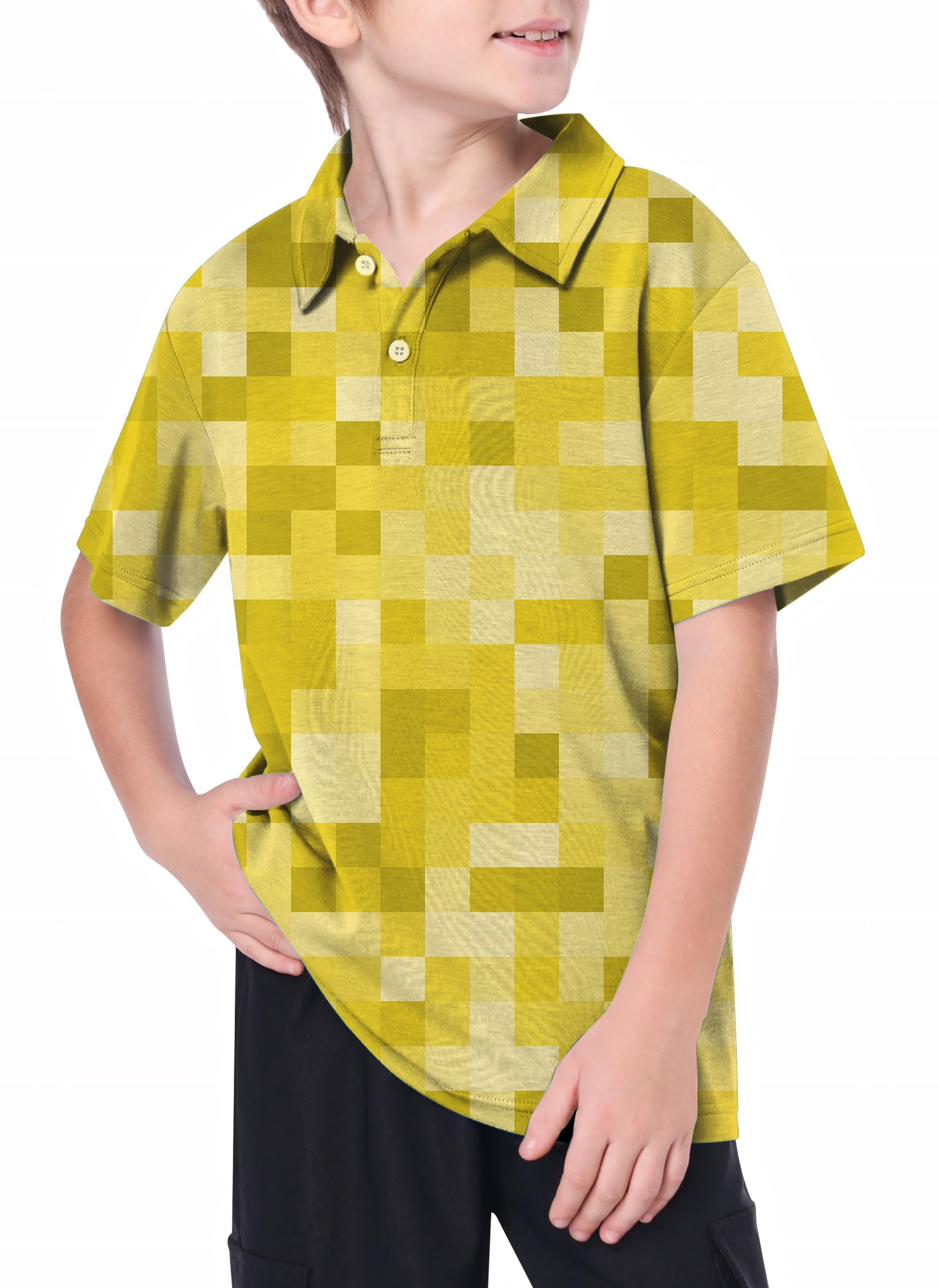 Youth Yellow Pixel golf polo shirt for youth with pixelated yellow design and collar