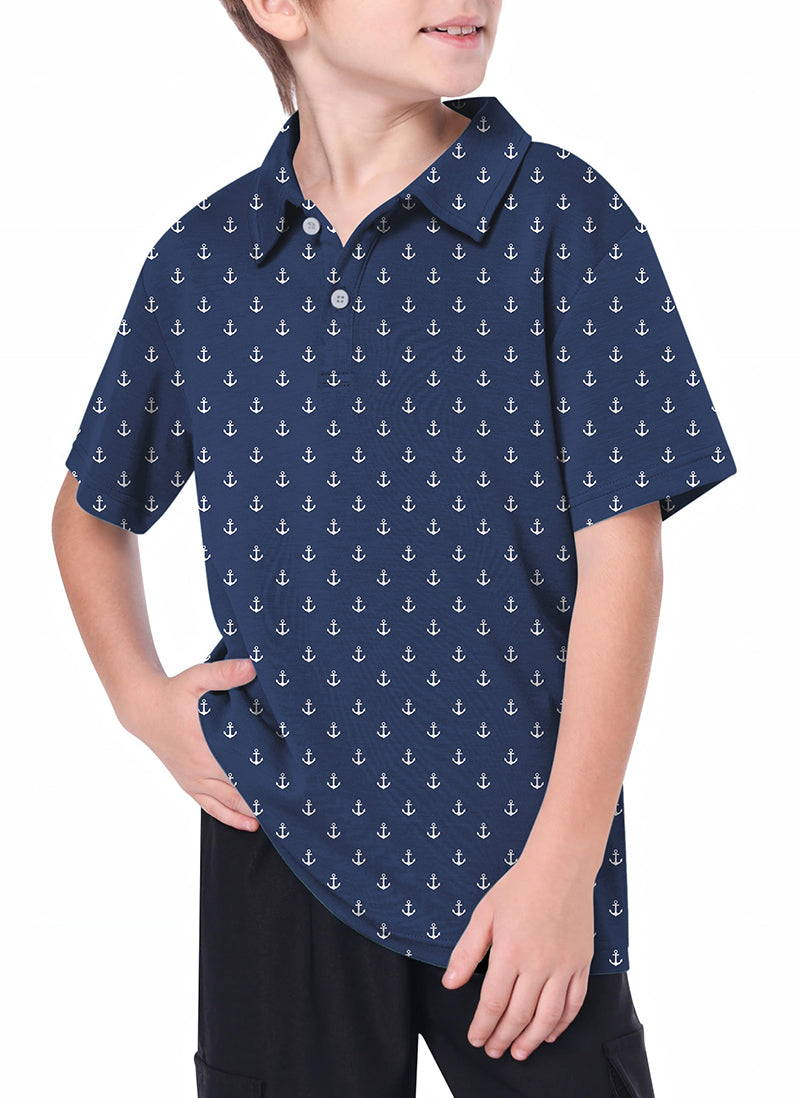 Youth dark blue anchor golf polo with 4-way stretch, moisture-wicking, and UPF 40+ protection for boys.