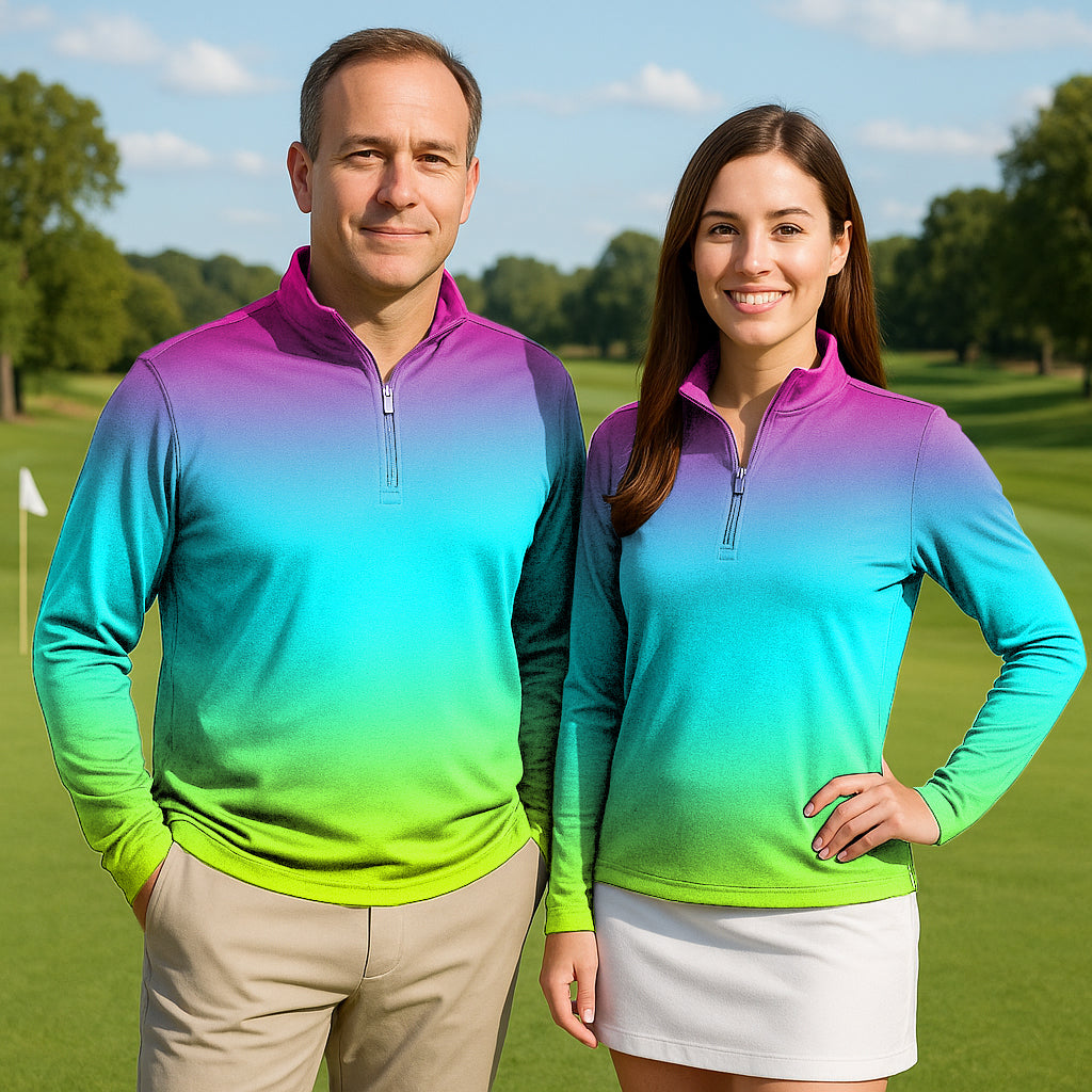 Neon Gradients couple golf tops with 3/4 zip, lightweight and sun-safe activewear for men and women