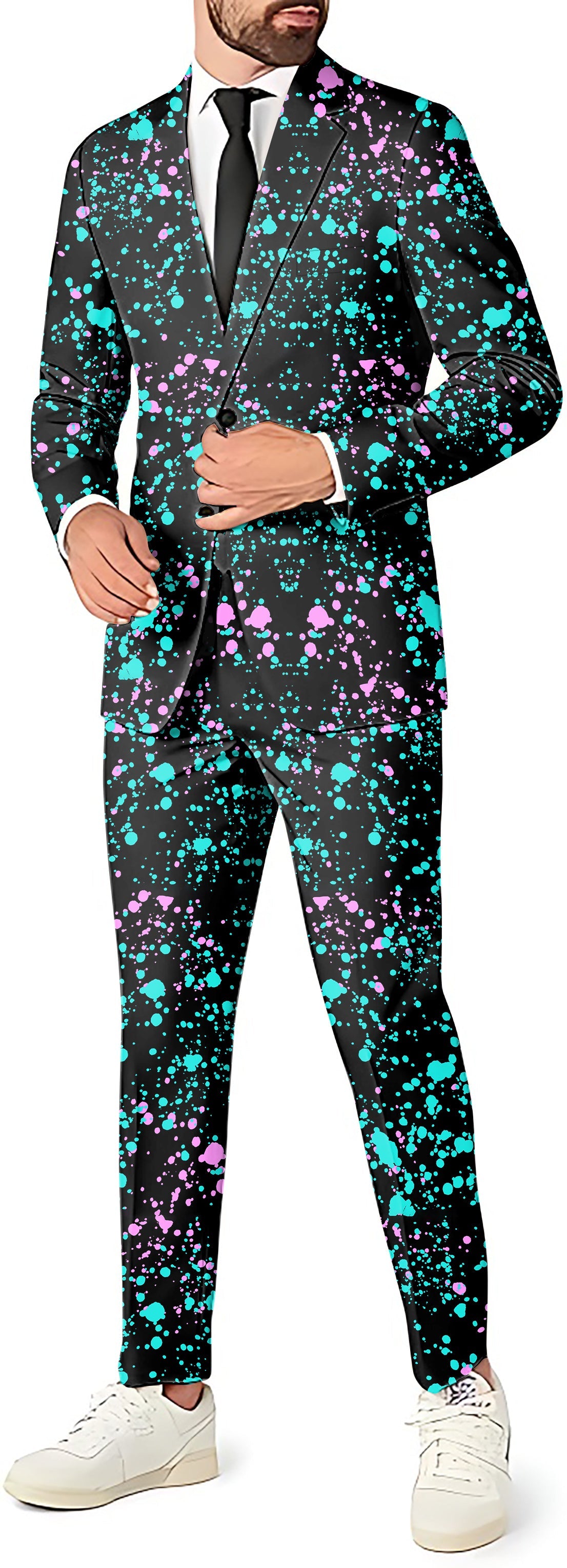 GALAXIES Men's party suit with blazer, pants, and vest in colorful splatter design