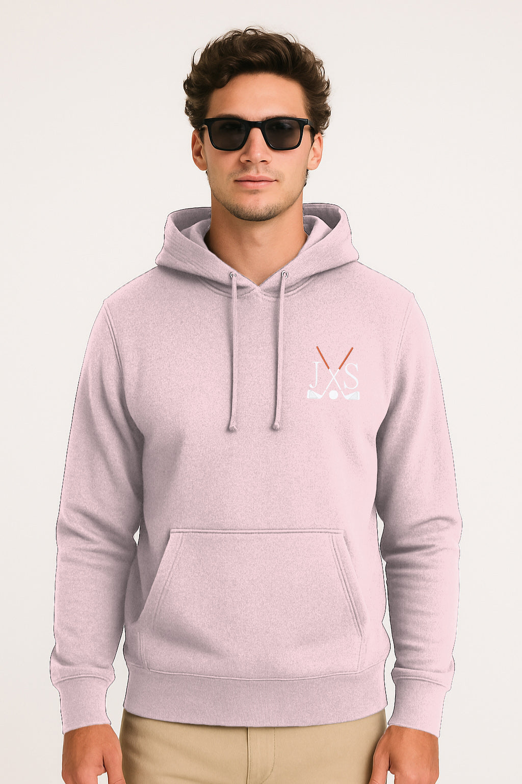 Plus size men's pink hoodie with embroidery, three-panel hood, rib knit cuffs, and front pouch pocket