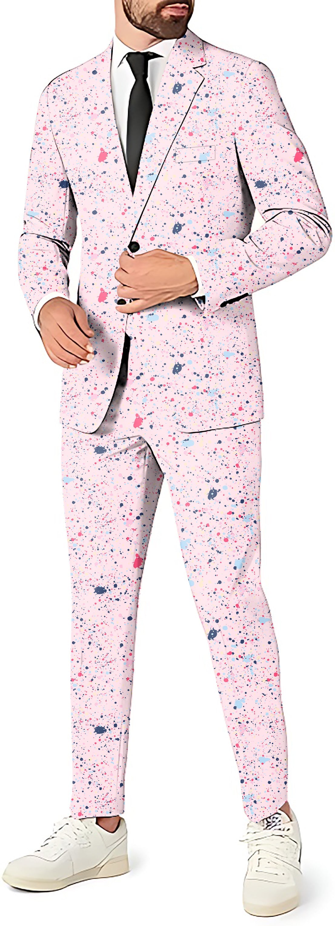 Men's black pink ink dots party suit set with blazer, pants, and vest