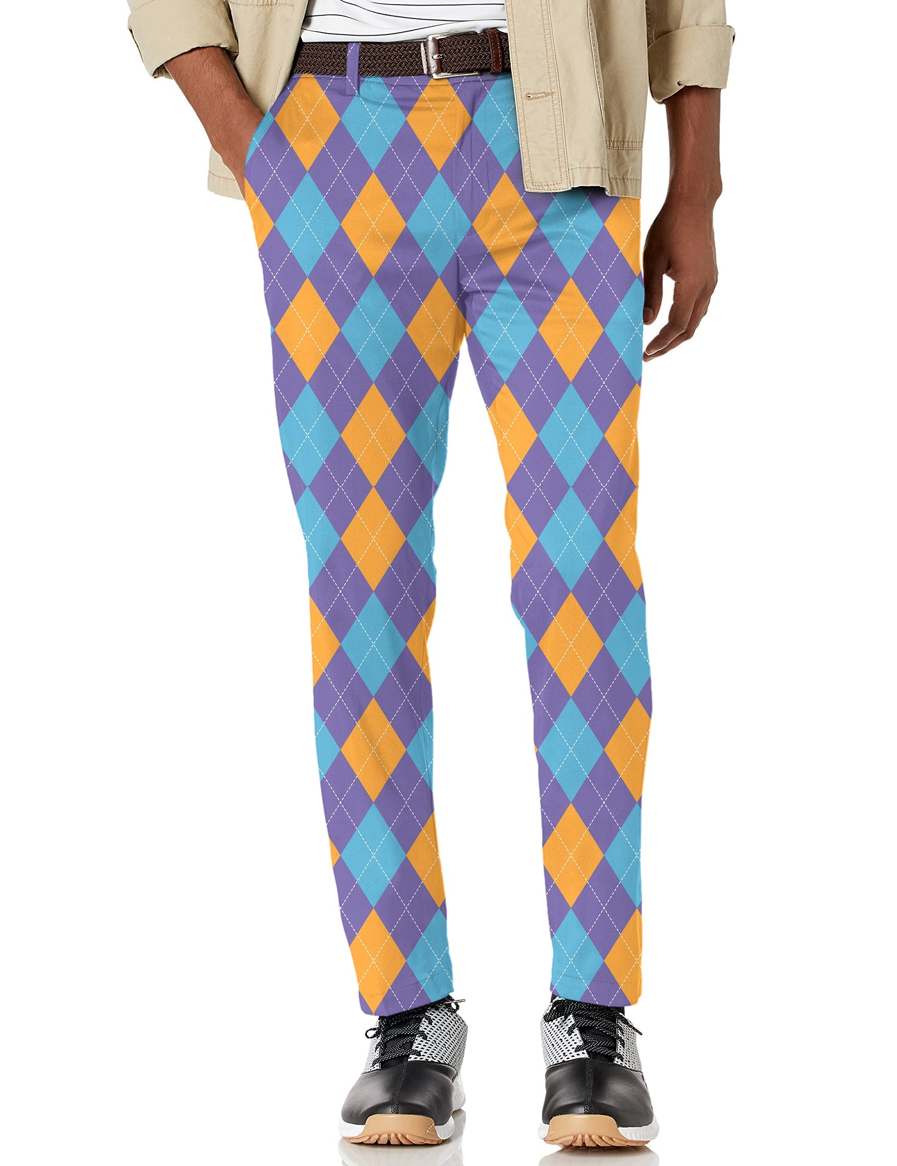 Men's purple orange blue argyle stretch golf pants with moisture-wicking fabric and active waistband