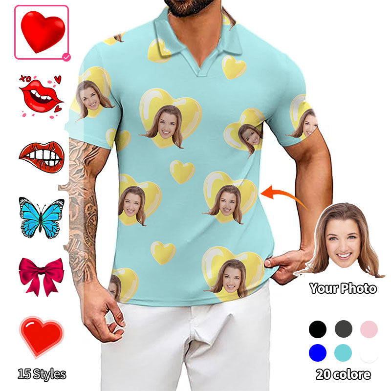 Valentine's Day men's custom photo V-neck golf polo shirt in green and blue with personalized face and heart pattern