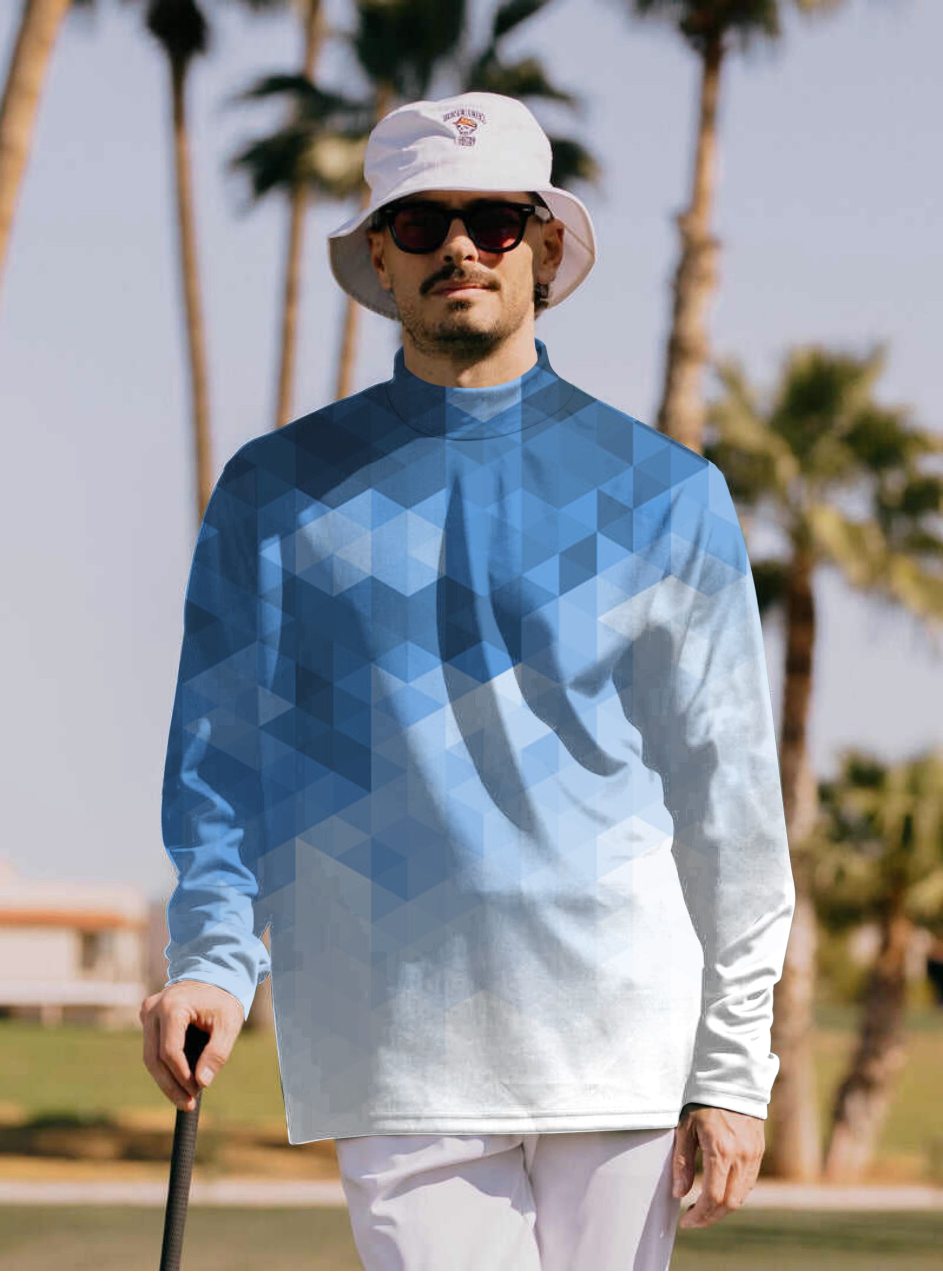 Men's Abstract Blue Background With Triangular Pattern Mock Neck Long/Short Sleeve Golf Tops