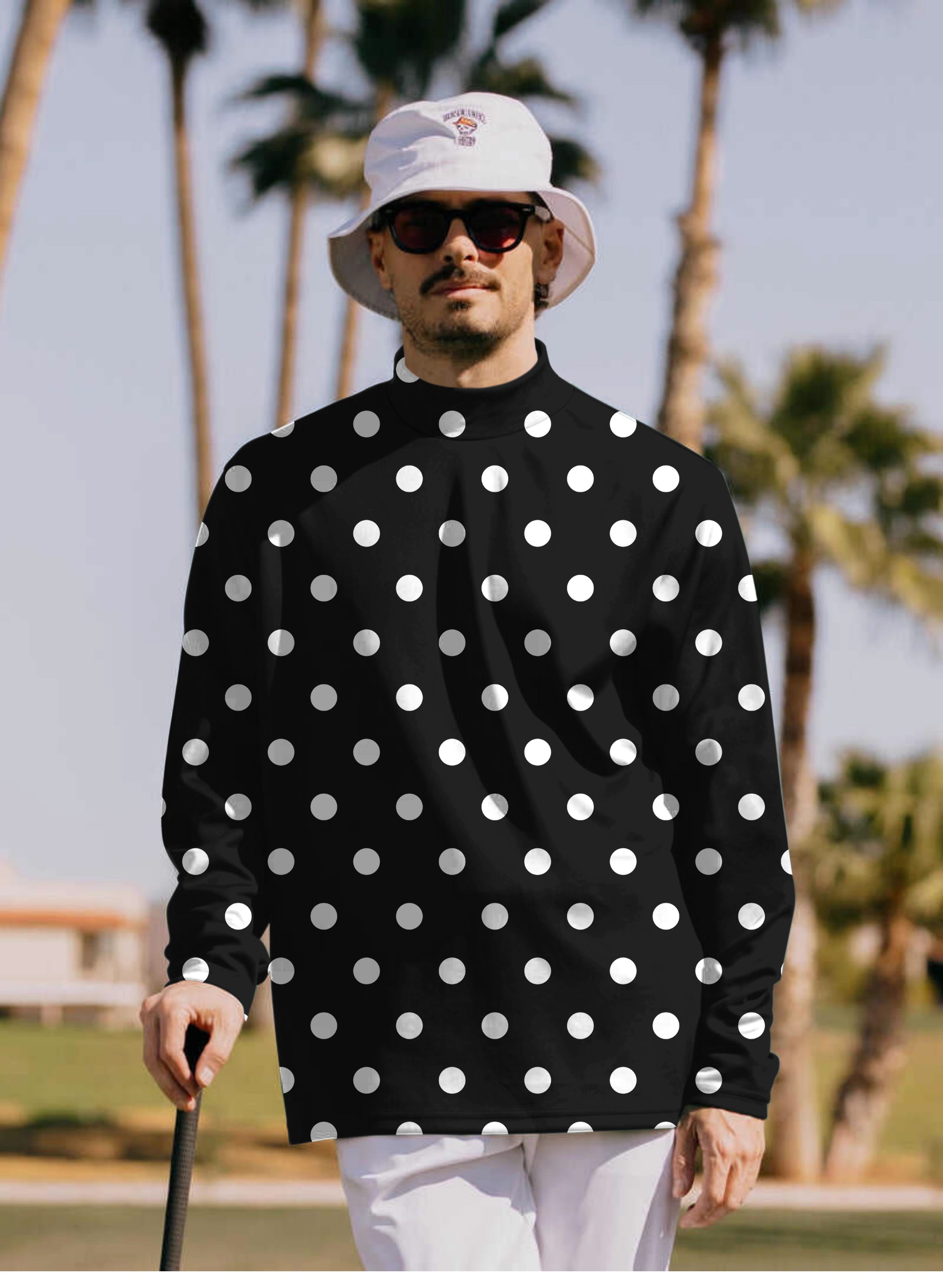 Men's Pink Polka Dots Mock Neck Long/Short Sleeve Golf Tops
