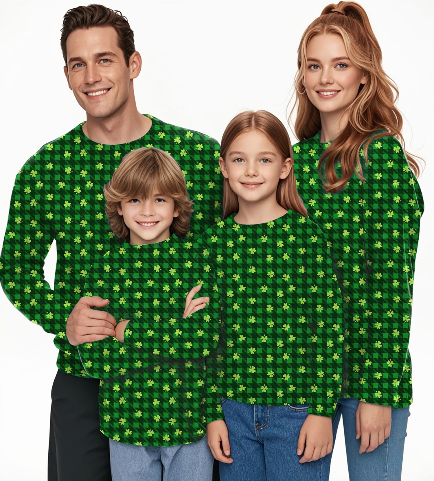 Family wearing matching green St. Patrick's Day crewneck pullover ugly sweaters with clover leaf pattern for men women boys and girls