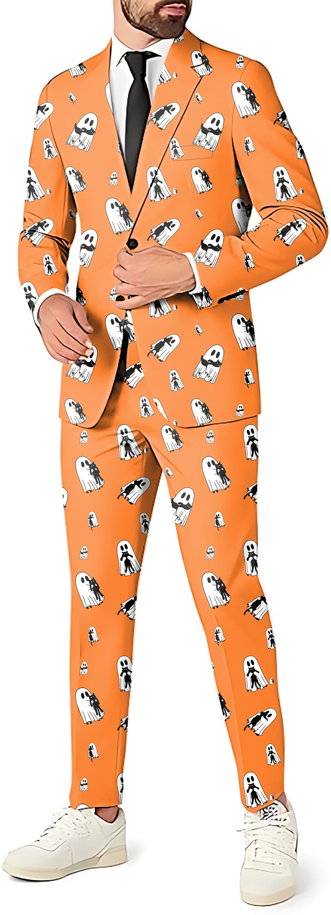 Men's Halloween Ghost Hug Cat orange suit with blazer, pants, and vest for theme parties