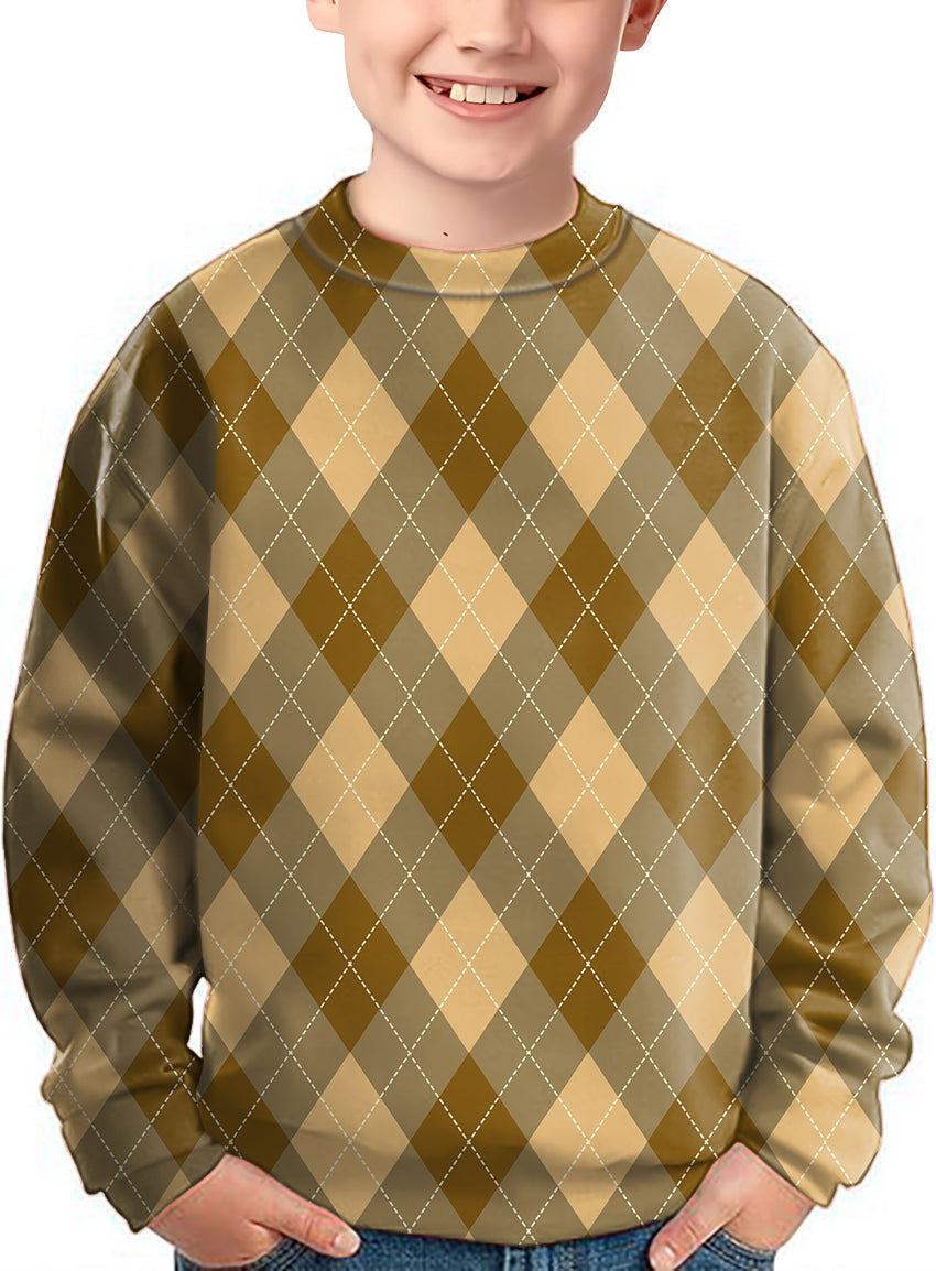 brown Argyle crewneck pullover sweater for kids with classic diamond pattern