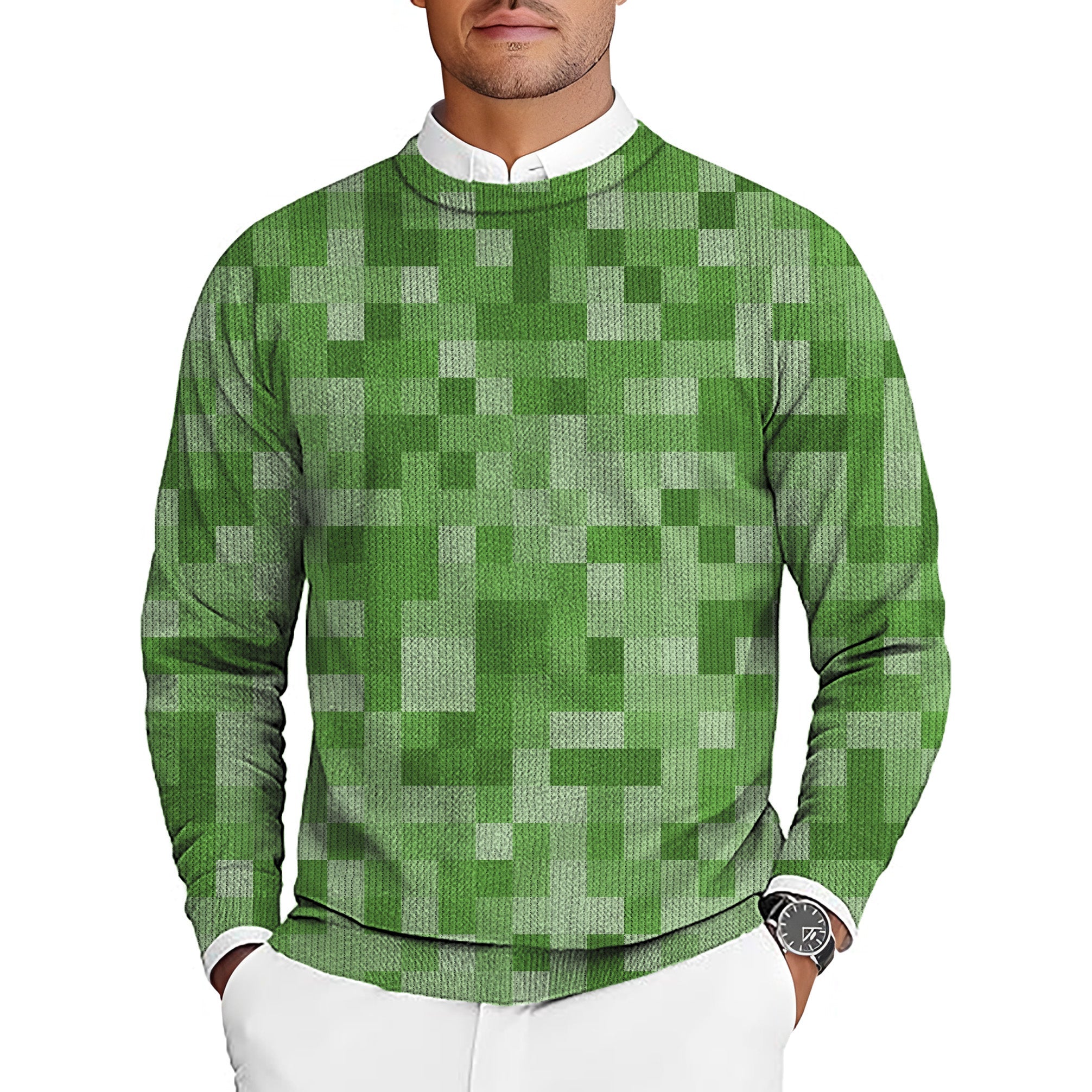 Light green pixel pattern men's golf crewneck pullover sweater with customizable options