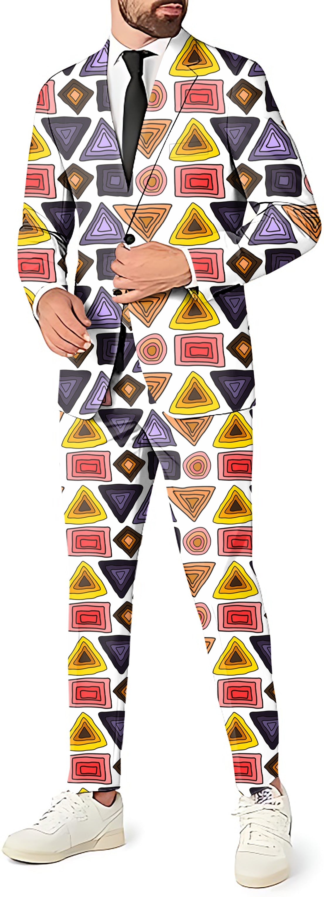 Men's party costume with colorful triangle tribal pattern blazer and pants suit set