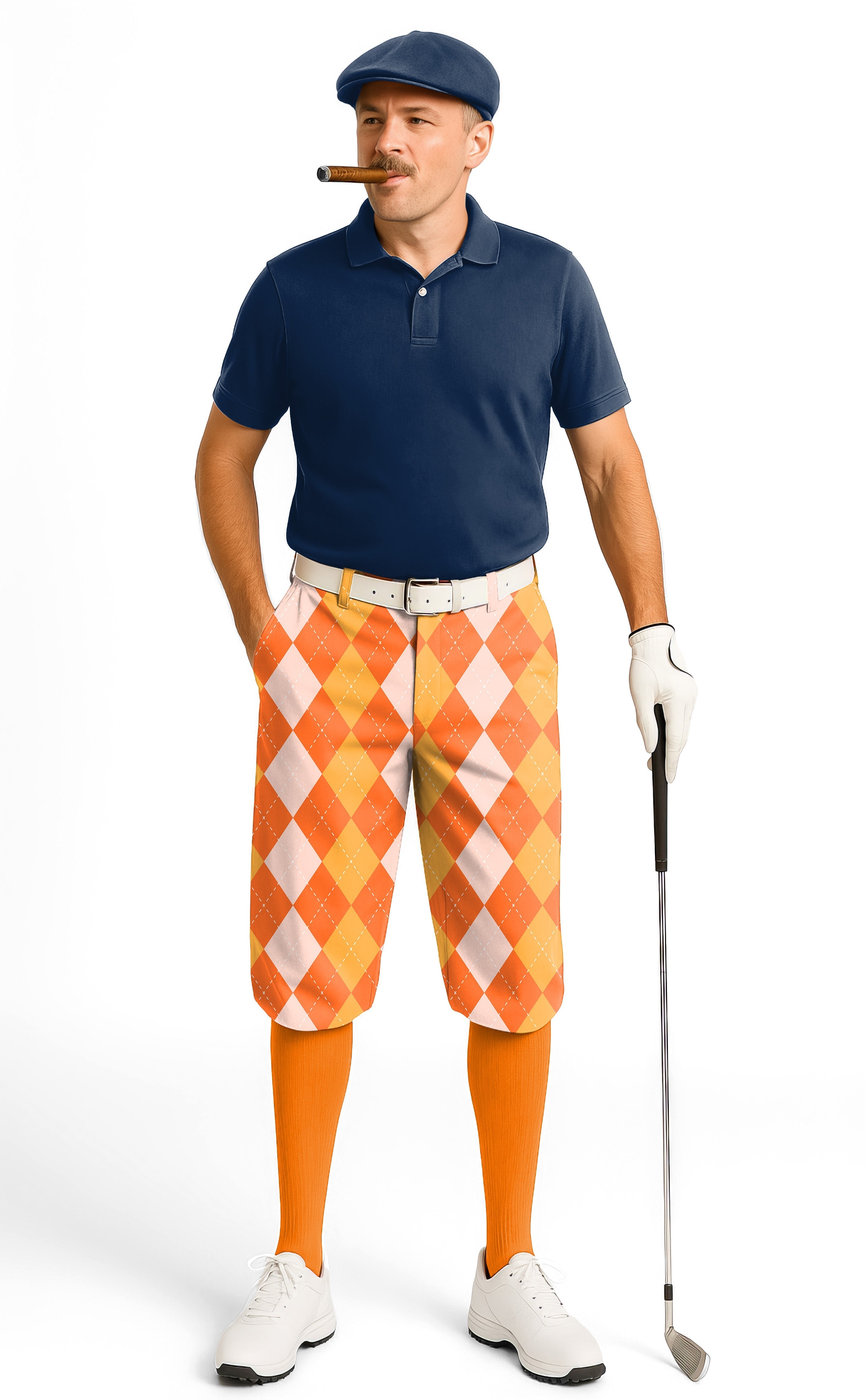 Men's Halloween orange apricot argyle golf knickers with snug ankle cuffs and wrinkle-resistant fabric