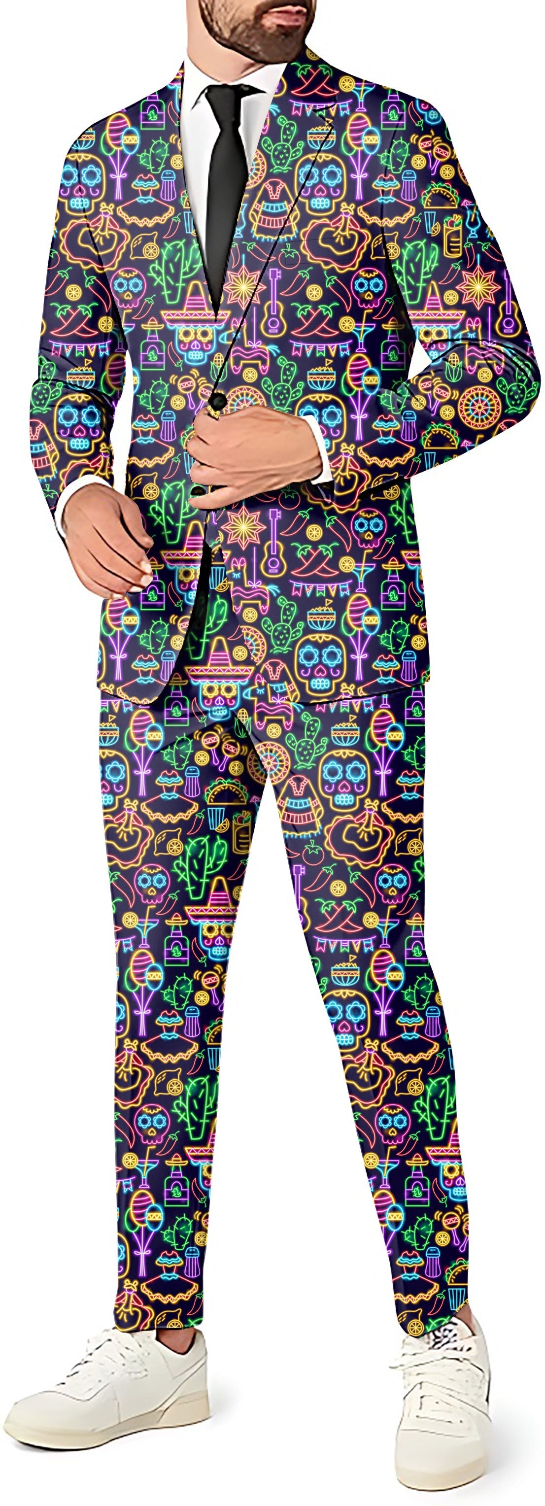Neon Fiesta men's suit with colorful skull and party-themed print blazer and pants set