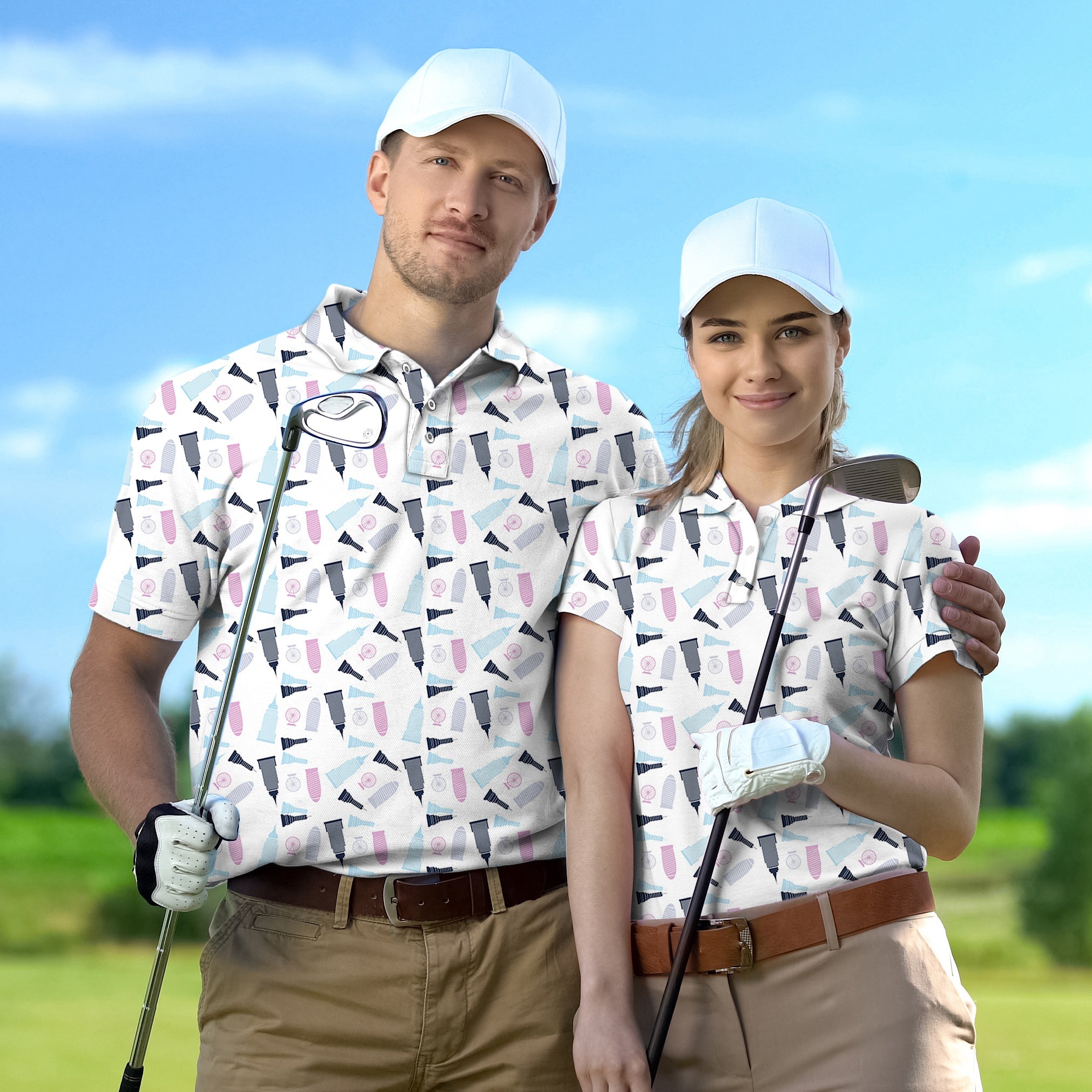 couple wearing limited edition Empire State Building golf championship tournament polos with caps on golf course