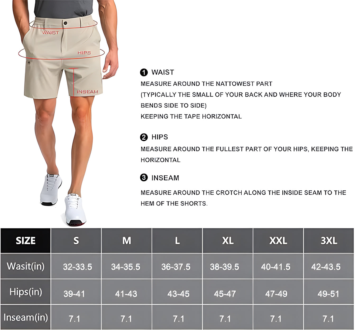 Men's Christmas Santa golf shorts size chart with waist, hips, and inseam measurements and fitting guide