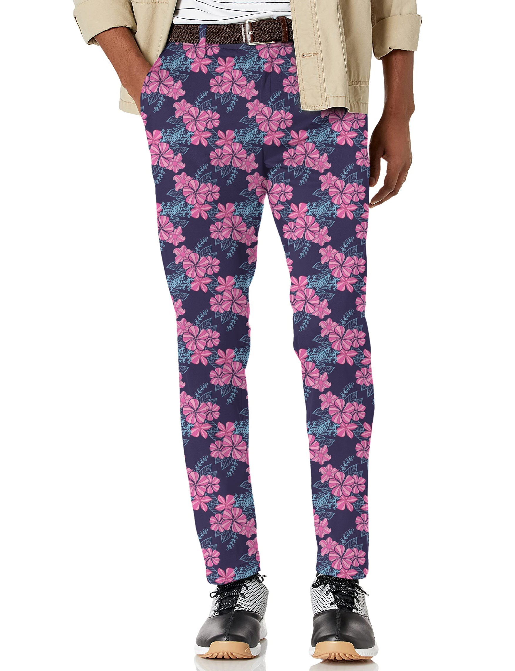 Men's Blossom Burst stretch golf pants with pink floral pattern and moisture-wicking fabric