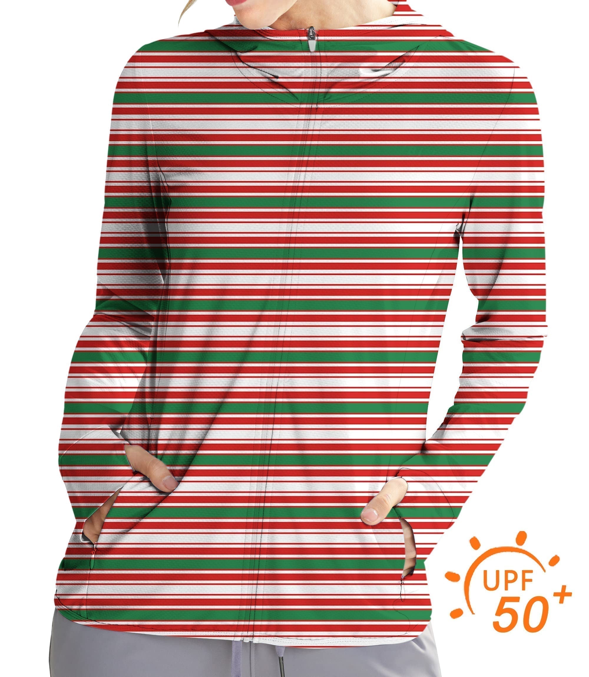 Women's outdoor striped Christmas golf sun protection slim fit zip hoodie with UPF 50+ protection