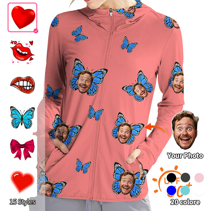 Valentine's Day Women's Outdoor Custom Photo Face Custom Color Hot Pink Love Golf Sun Protection Slim Fit zip hoodies