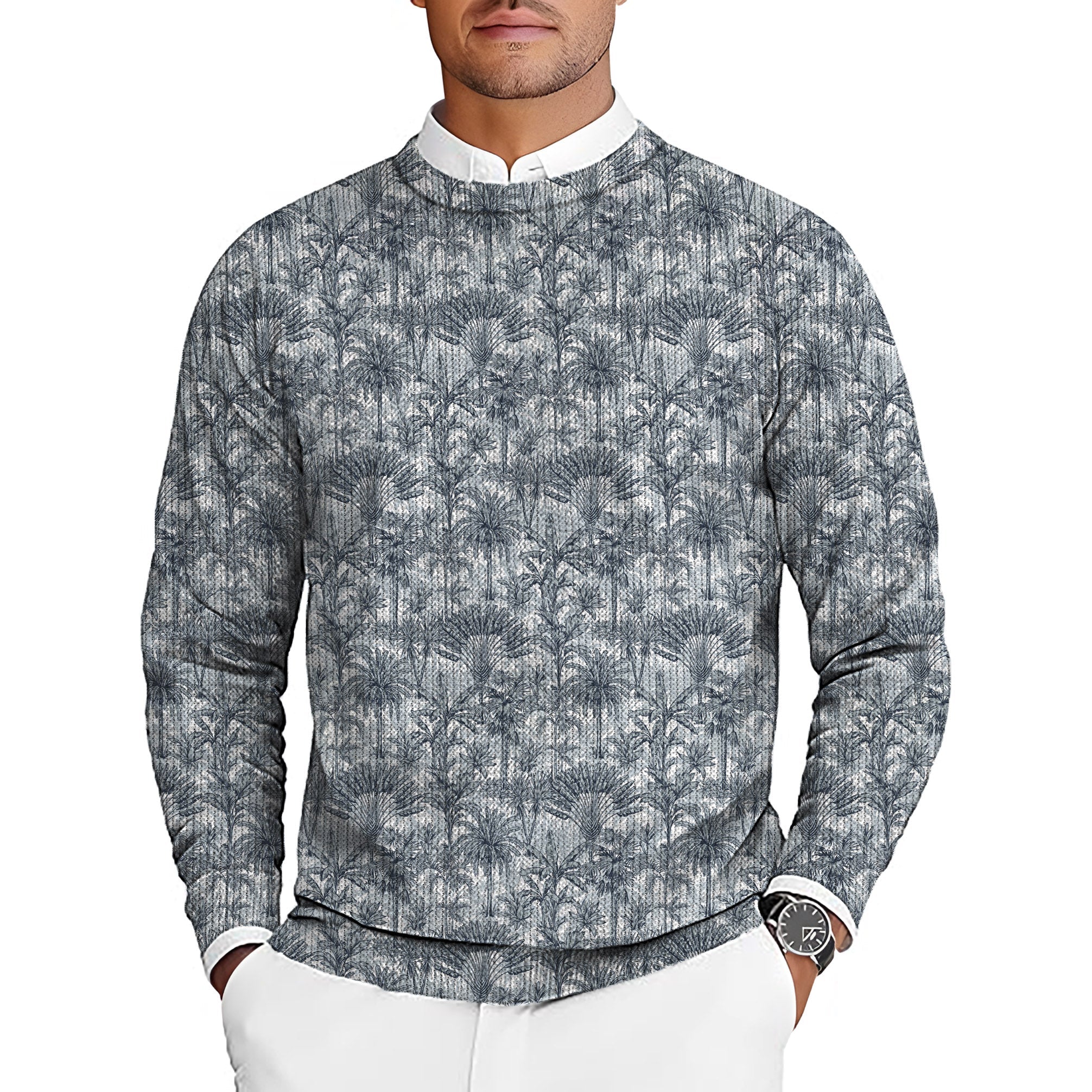 Twilight Palms Men's gray palm tree patterned golf crewneck pullover sweater